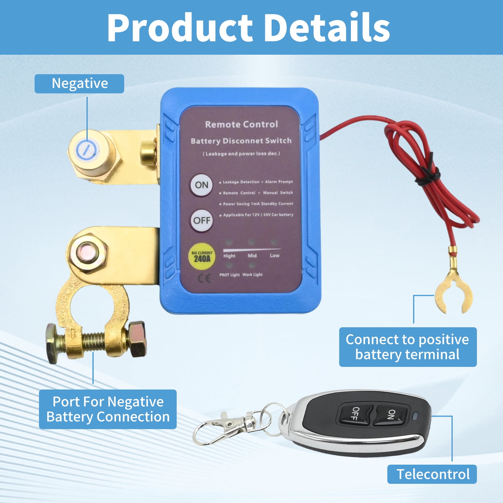 Anxingo 12V 240A Remote Battery Disconnect Switch, Wireless Anti-Theft Kill Switch for Car RV Marine (Blue) espi6