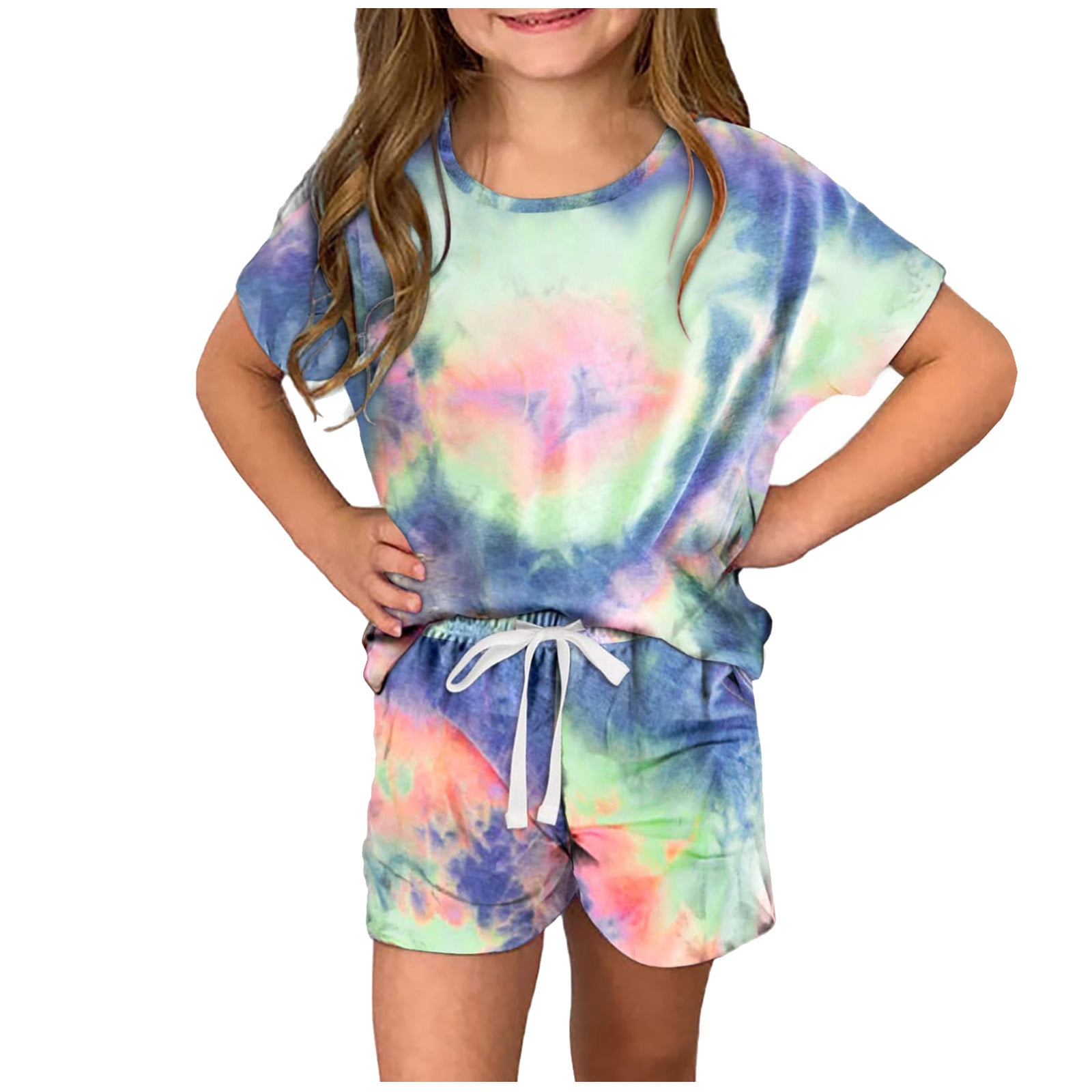 ATOGUTA Girls Tie-Dye Summer Outfit 2-Piece Short Set (Blue, 3T-14) ht6fa