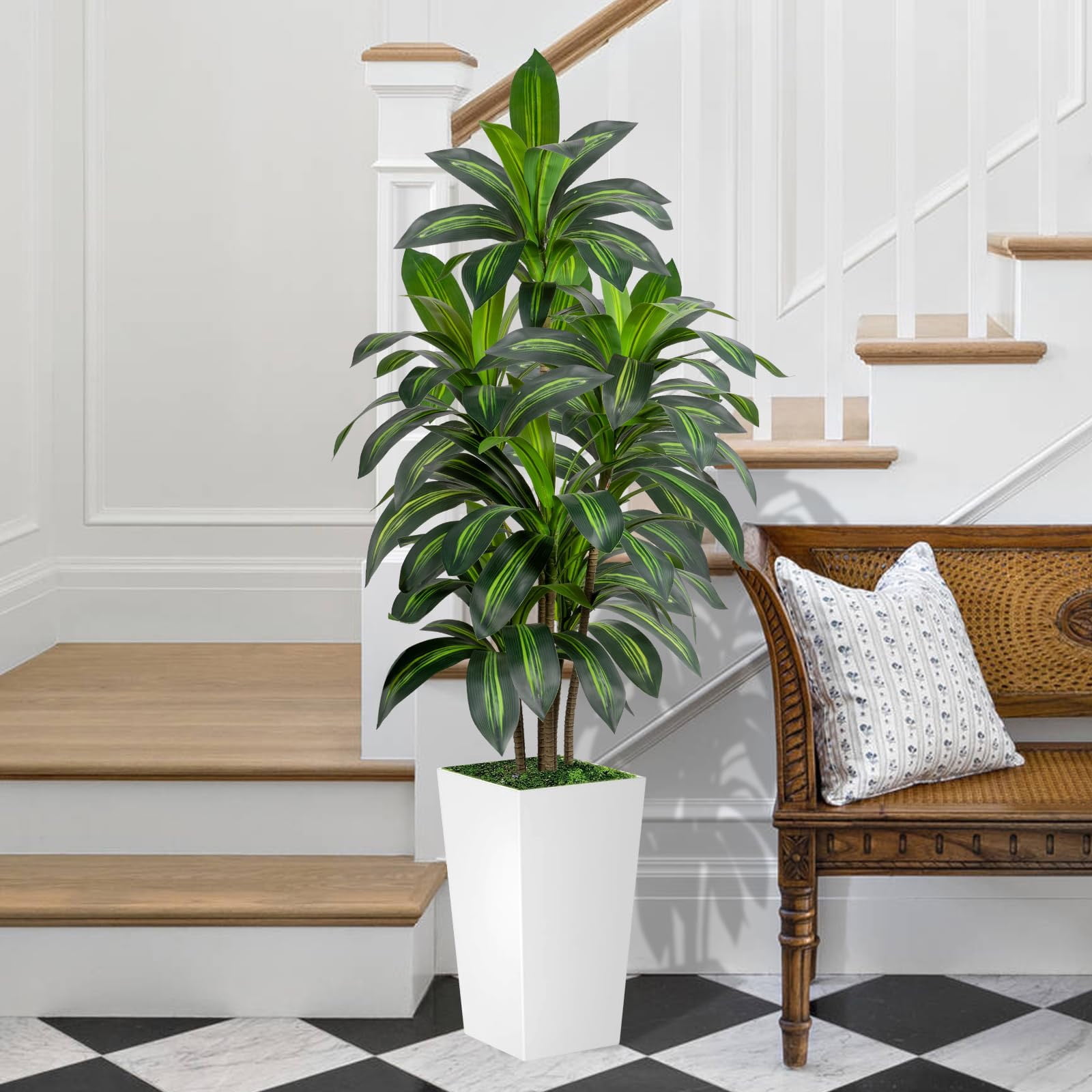 ROMSWI Artificial Dracaena Tree with Modern Square Planter (White, 5 ft) c4mt6