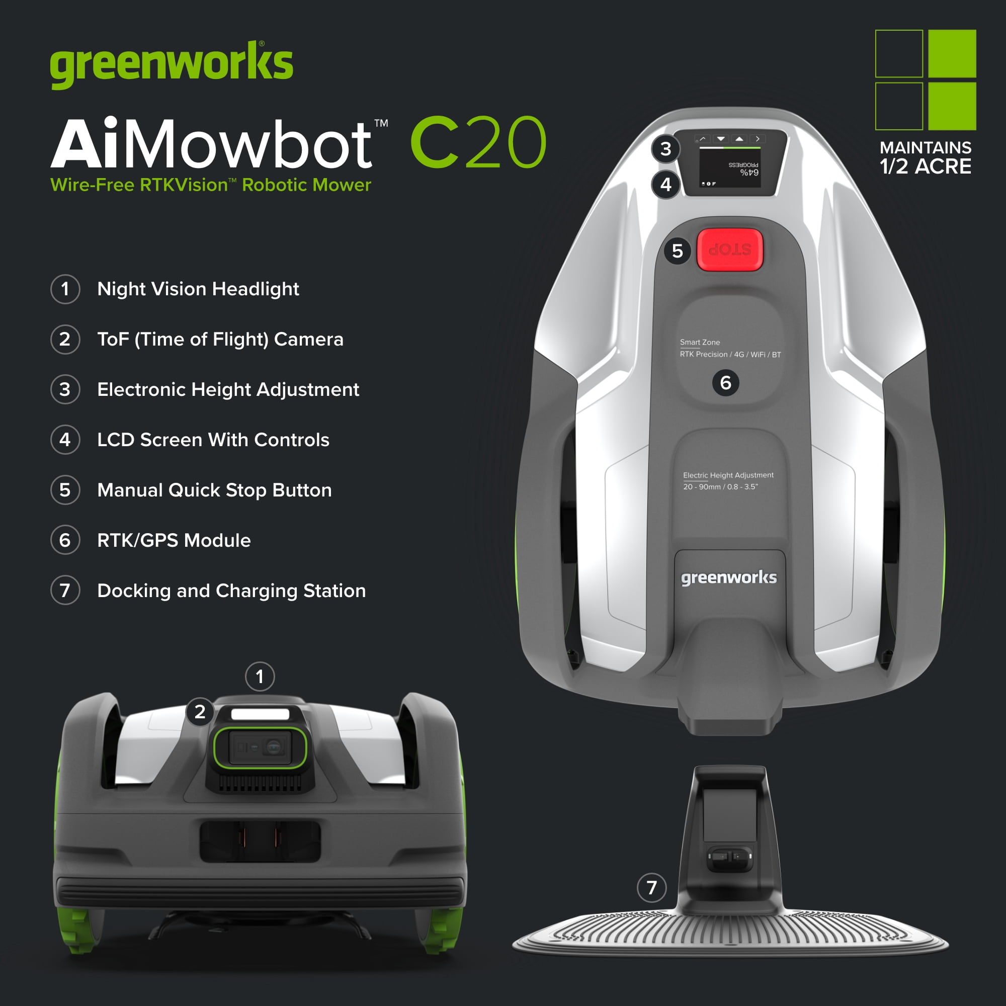 Greenworks AiMowbot Wire-Free RTKVision Robotic Mower (Green, 0.5 Acre Capacity) z6jfc