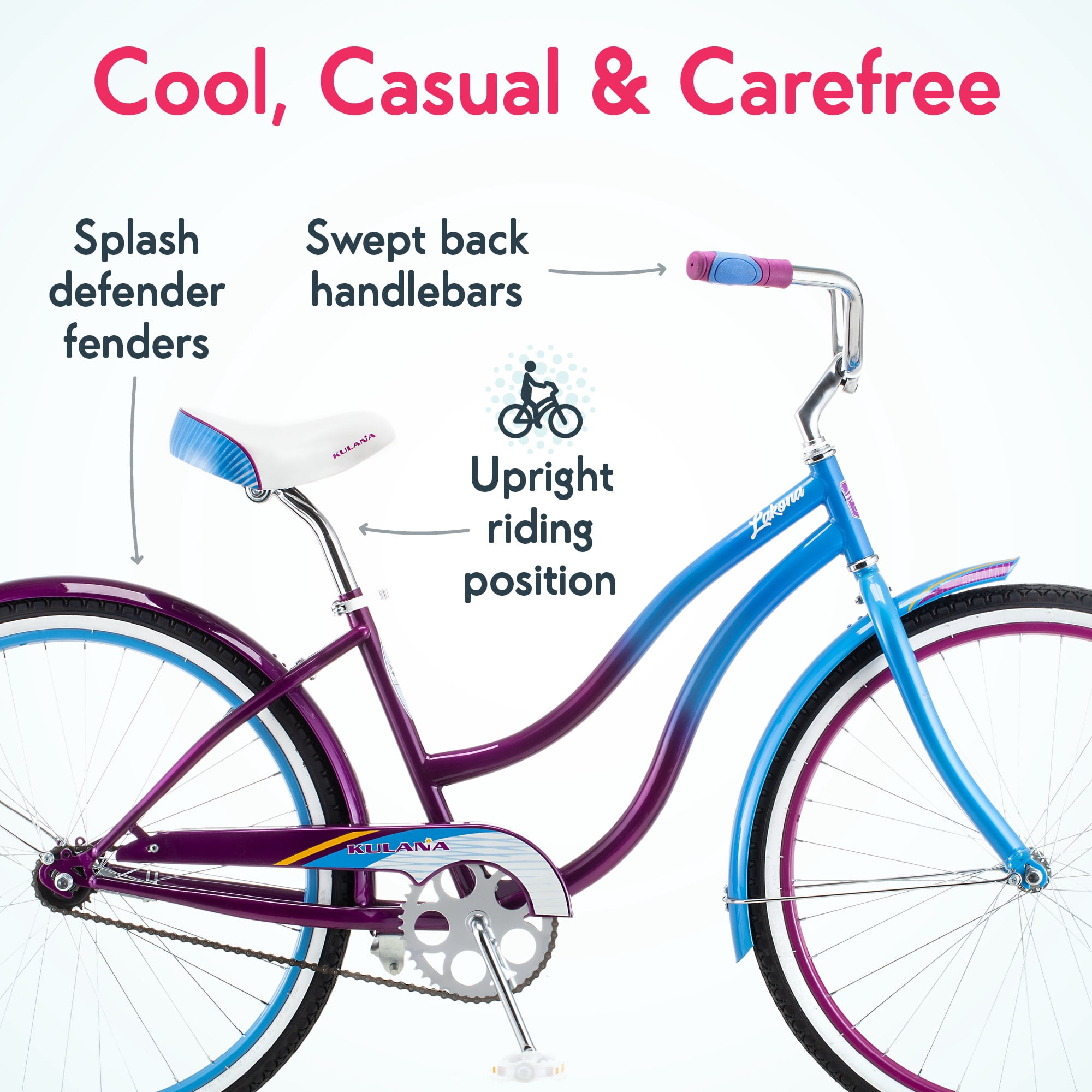 Kulana Lakona Shore Beach Cruiser Bike, Single Speed, Retro Steel Frame (Blue and Purple, 26 in) e3vnr
