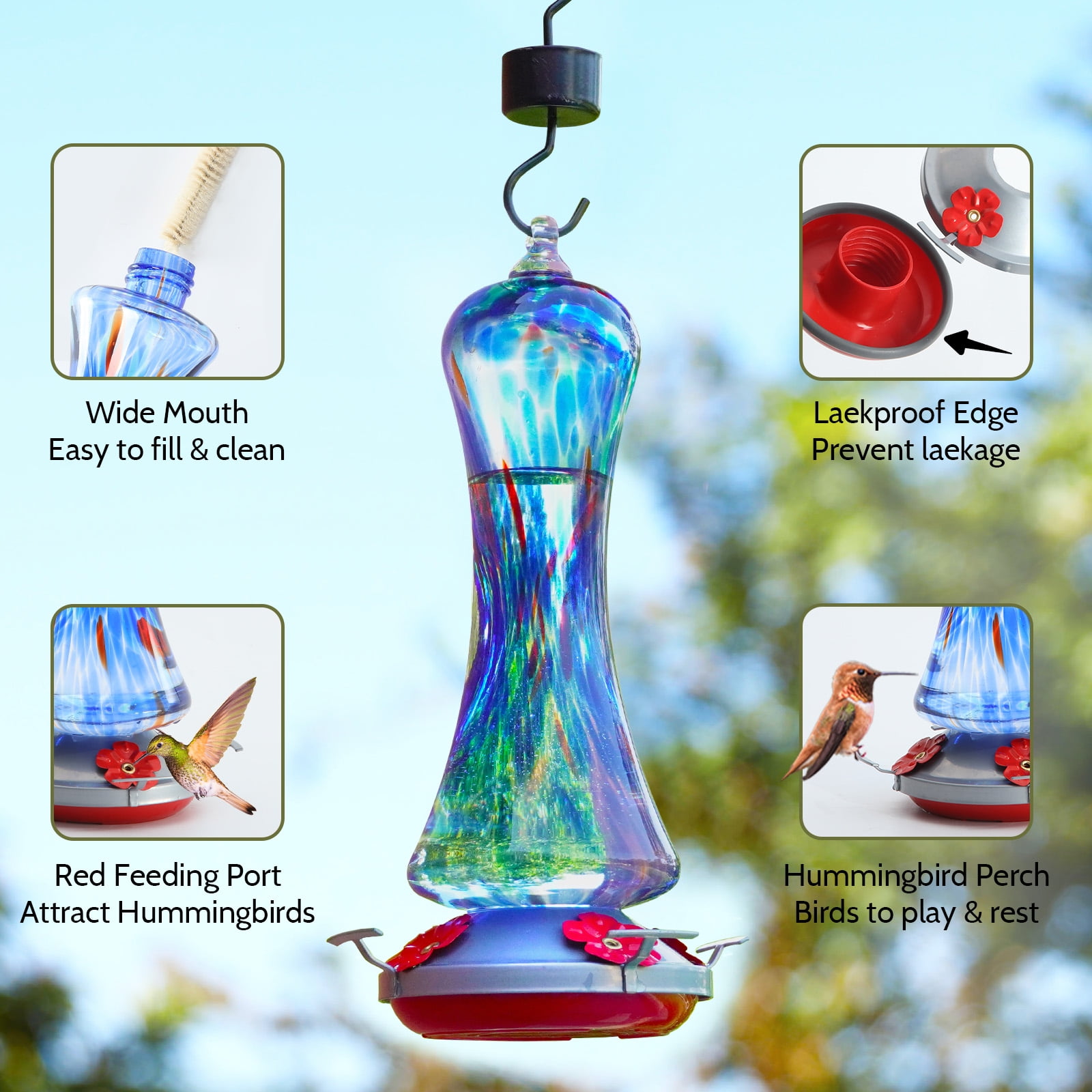 BirdKiss Hand-Blown Glass Hummingbird Feeder for Garden and Patio (Red, 16 oz) wjb7g