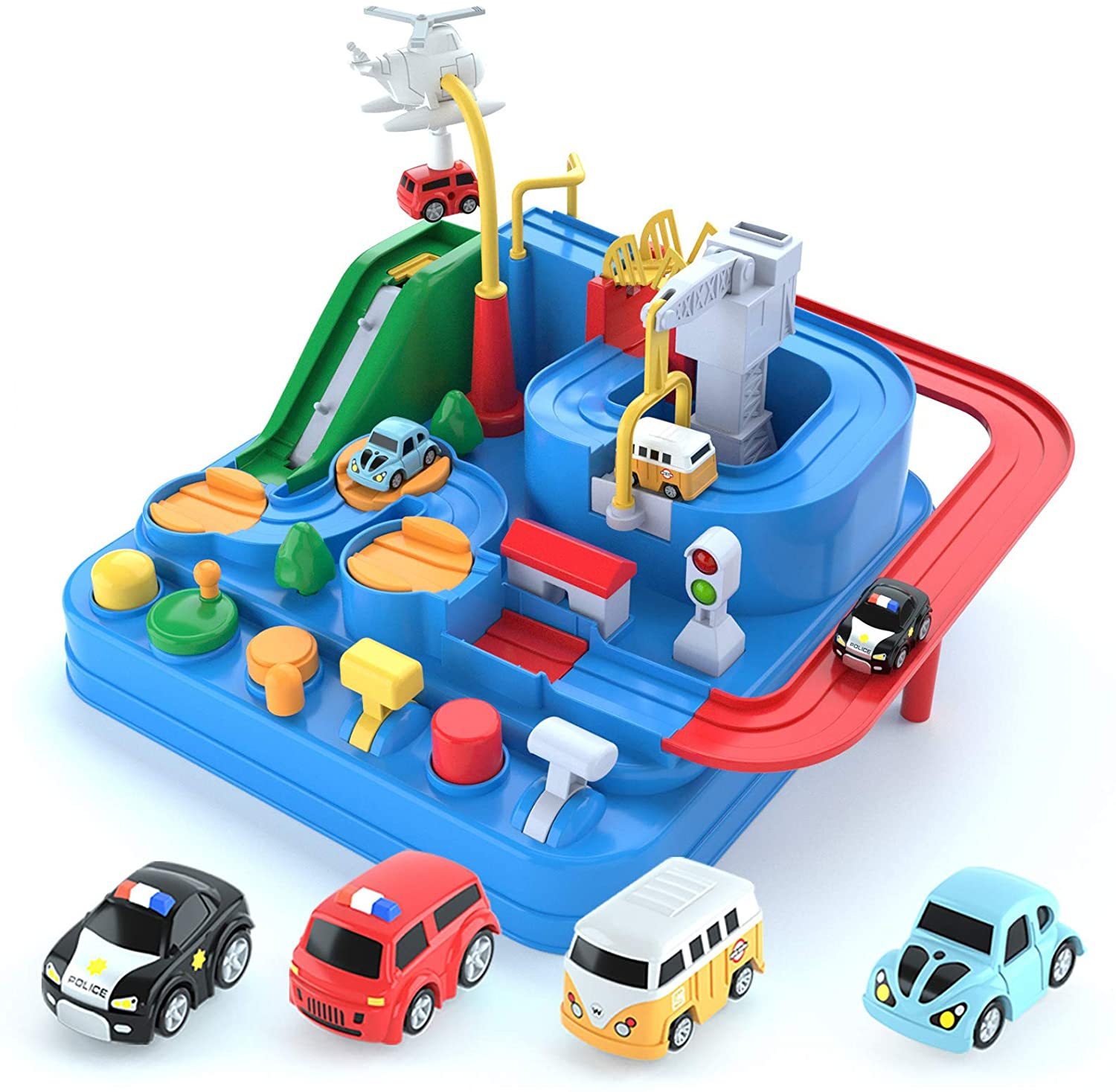 NETNEW Adventure Race Car Track Playset with 4 Mini Vehicles and 1 Helicopter (Blue, 1 Set) p5cmm