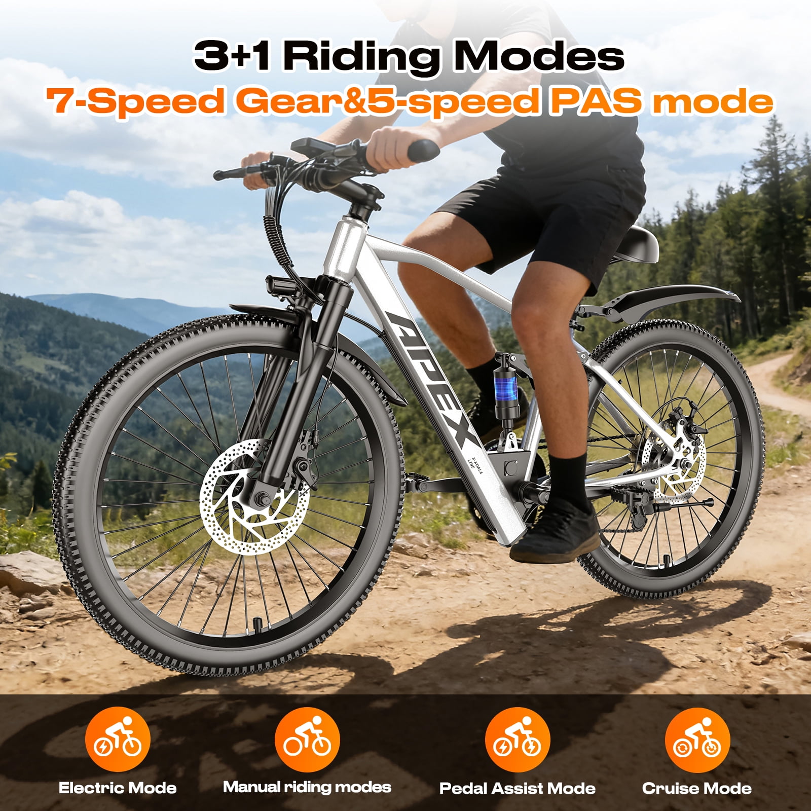 X-Koala 26 in Electric Mountain Bike, 1200W Motor, 25 MPH, 48V Battery, UL 2849 Certified, 7-Speed Ebike with Saddle Suspension (26 in) k4f3w