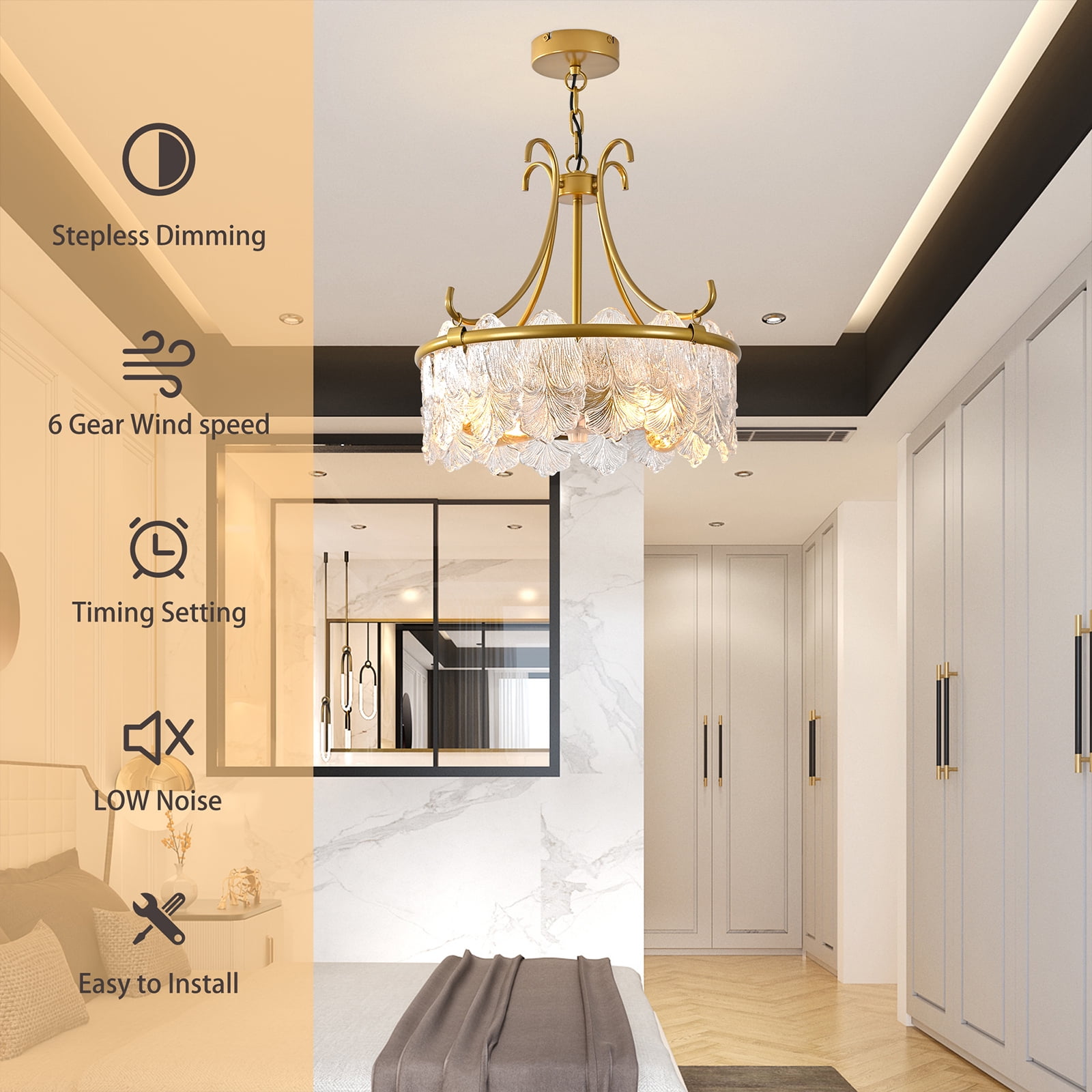 Garwarm 20 in Gold Crystal Fandelier Ceiling Fan with Light and Remote (6-Speed, Reversible, Caged Chandelier) yejba