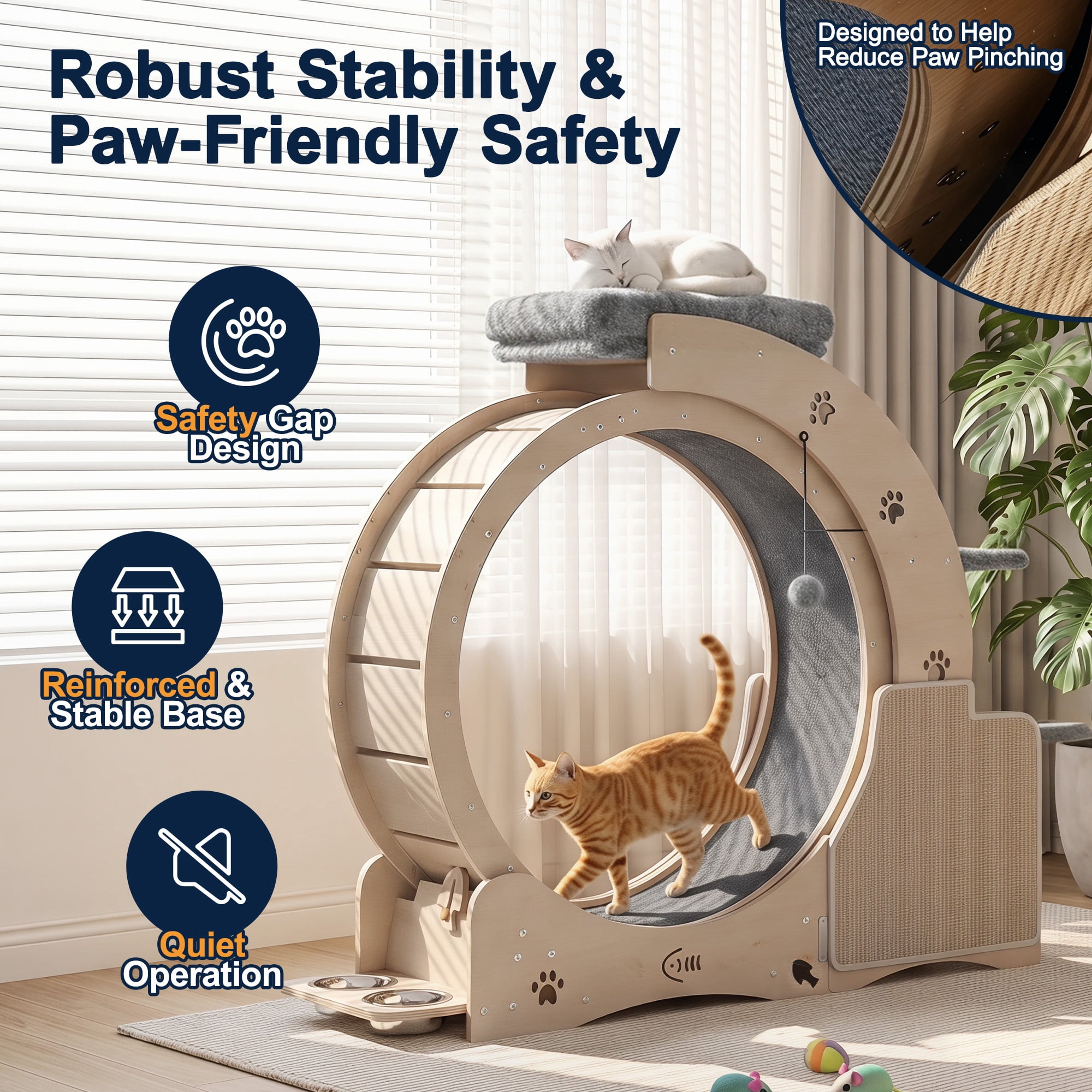 FOOWIN Cat Exercise Wheel, All-in-One Indoor Cat Activity Center with Condo, Scratching Post, and Feeding Bowls (Yellow, 40 in) bf0vp