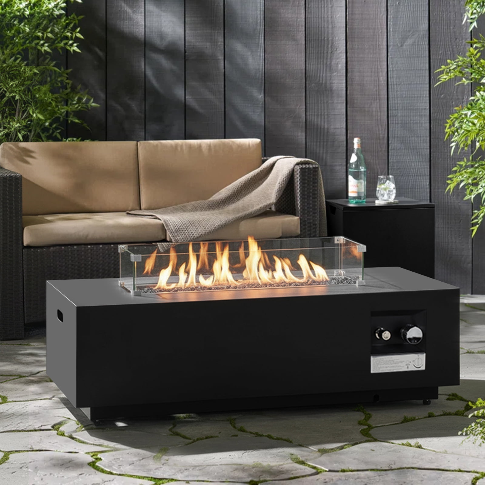 ReeQuo 42 in Rectangle Propane Fire Pit Table with Lid, Wind Guard, and Tank Hideaway (Black, 42 in) kio97