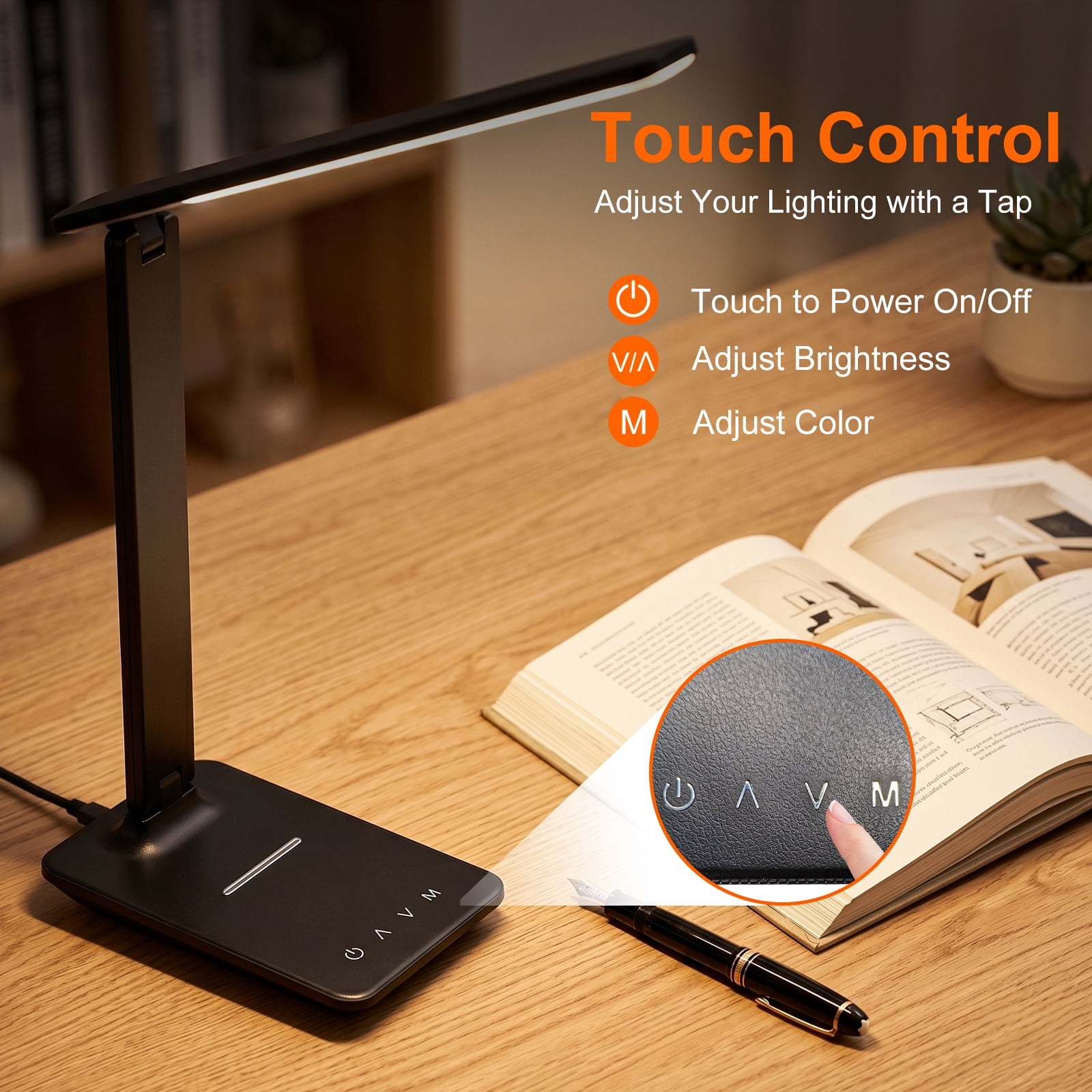 Foukus LED Desk Lamp with USB Charging Port, Dimmable Table Light for Home Office, 5 Color Modes & Touch Control (Matte Black, 15 in) lgqrs
