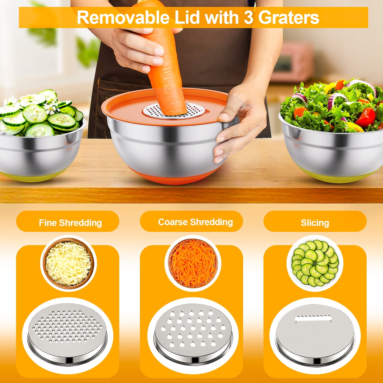 TINANA 26-Piece Stainless Steel Mixing Bowl Set with Lids and Kitchen Gadgets (Multicolor, 1.5 to 7 QT) tv1sf