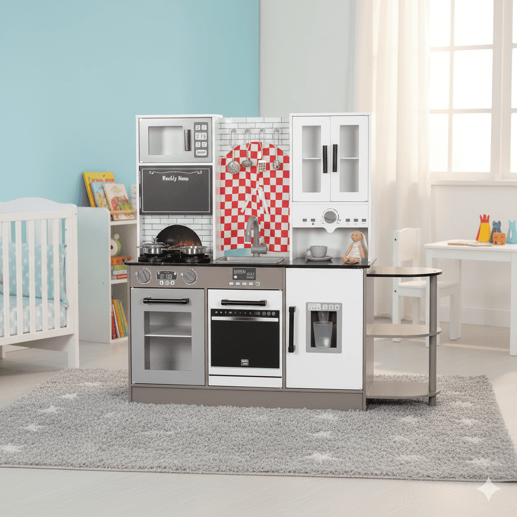 BRINJOY Kids Wooden Kitchen Playset with Sound & Light Coffee Maker, Storage Shelves & Utensils (Grey, 3-Stage) b9hb3