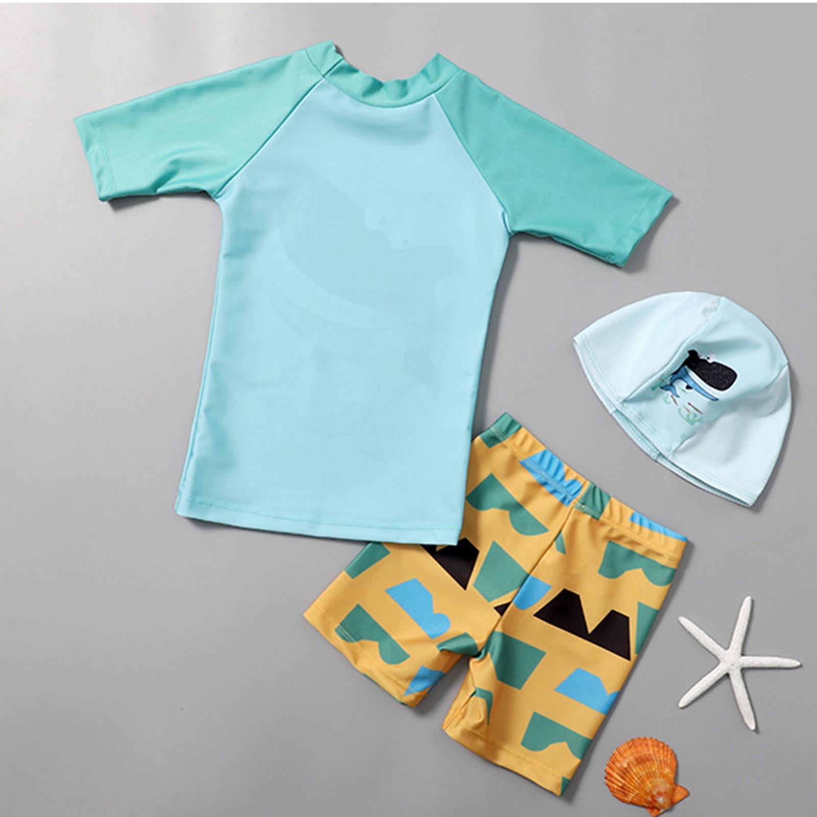 Lvshlu Boys 3-Piece Swimsuit Set Short Sleeve Rash Guard with Swim Shorts (Blue, Size 1-8) kk8qs