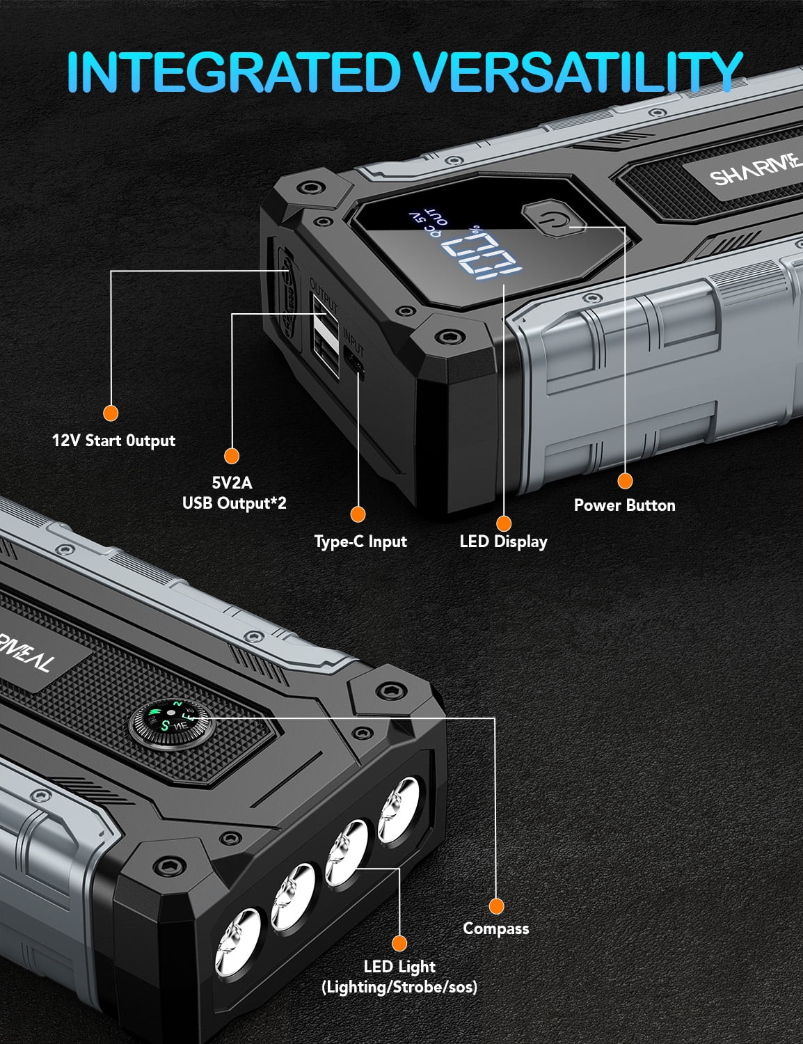 Sharmeal 7000A Portable Car Jump Starter Battery Booster Pack for Gas and 10.0L Diesel Engines (10000mAh) dwlkw