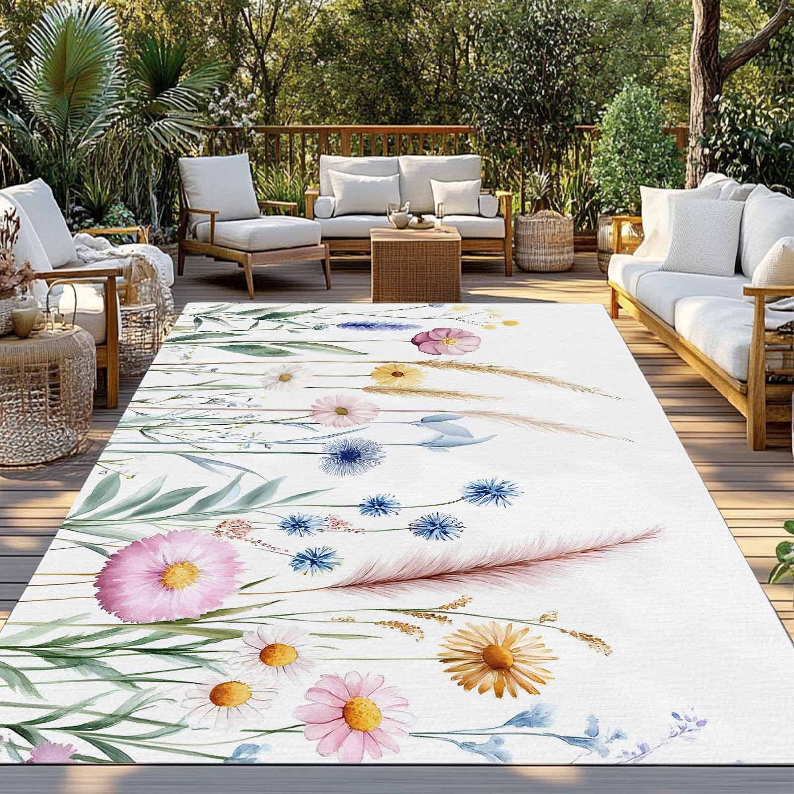 LBCASA Spring Floral Outdoor Rug, Washable Botanical Area Carpet for Patio and Deck (Pink, 5 ft x 8 ft) a1er6