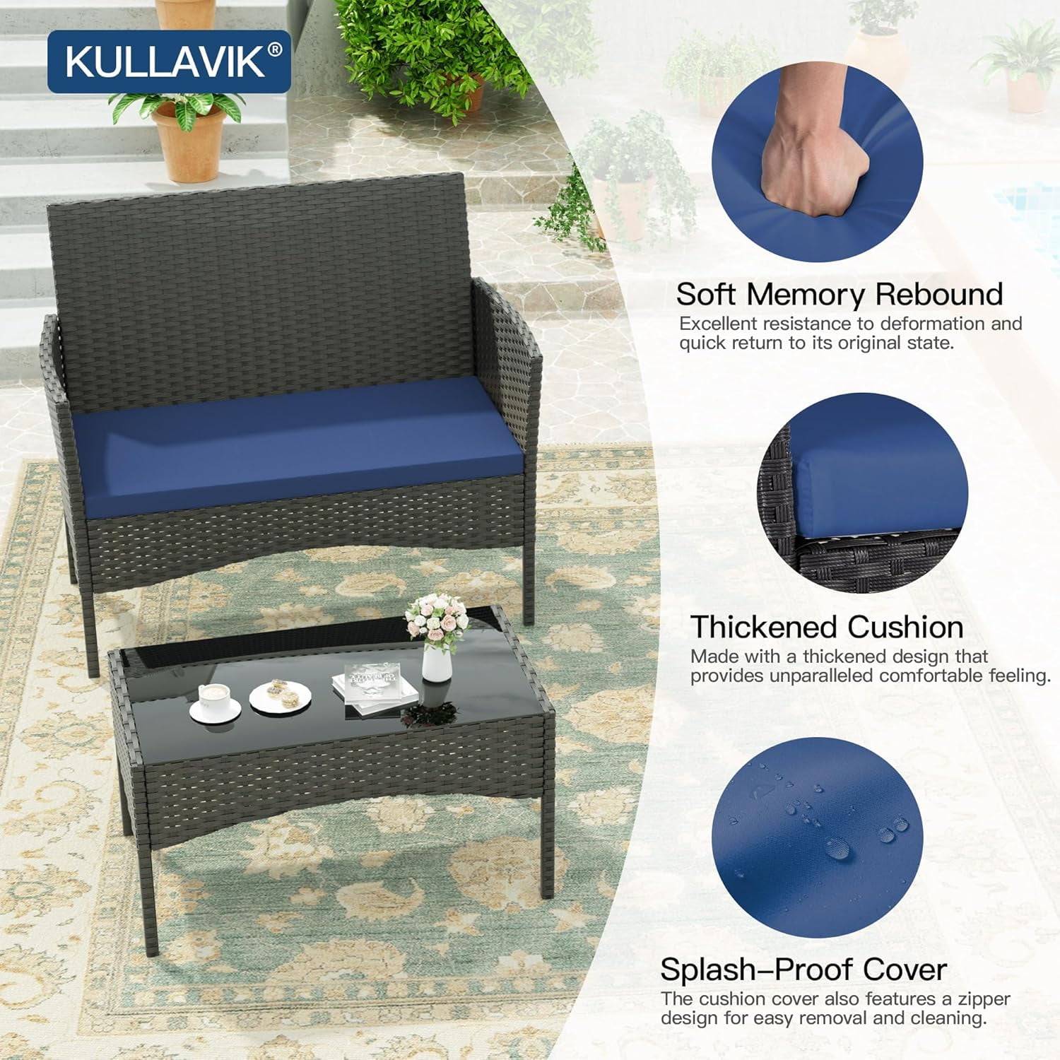 Kullavik 4-Piece Outdoor Patio Furniture Set, PE Wicker Rattan Conversation Set with Tempered Glass Table and Cushions (Navy Blue, 4-Piece Set) 1afkf