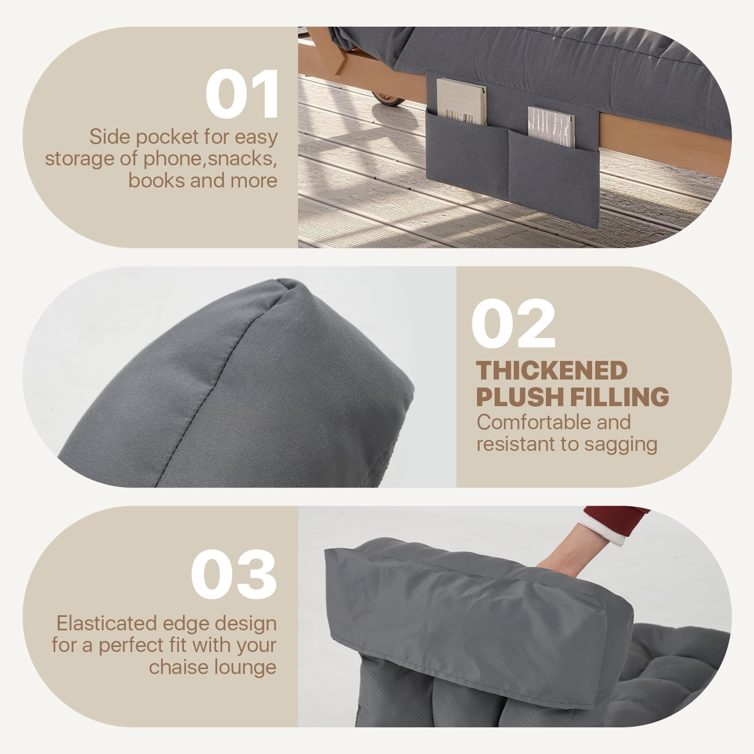 BaPiPro Outdoor Chaise Lounge Cushion with Side Pocket and Non-Slip Fixation (Gray, 2-Pack) plspn
