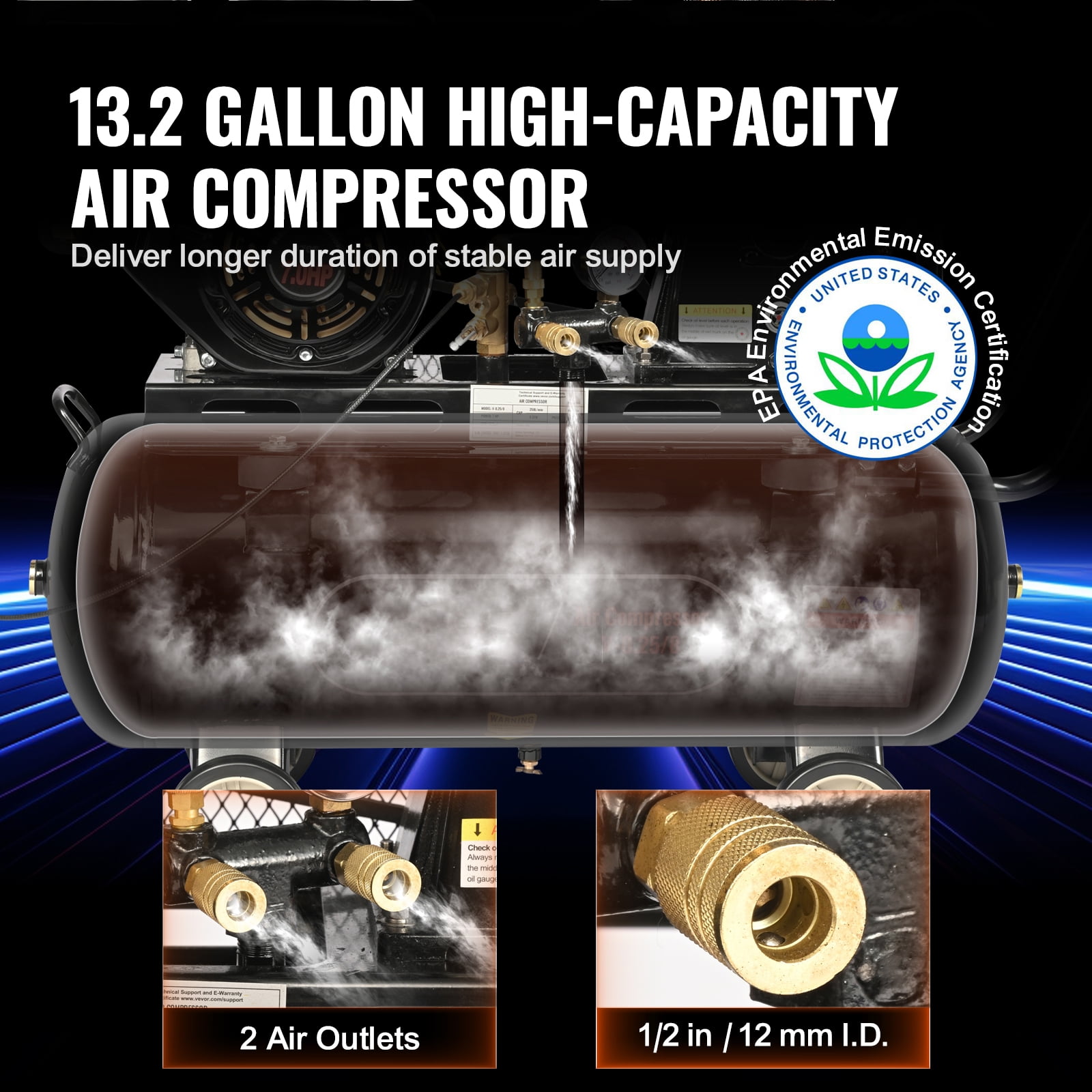 KFFKFF Gas Air Compressor, 7HP Engine, 13.2 Gallon Horizontal Tank, 9CFM at 115PSI (Black, 13.2 Gallon) zxcp2