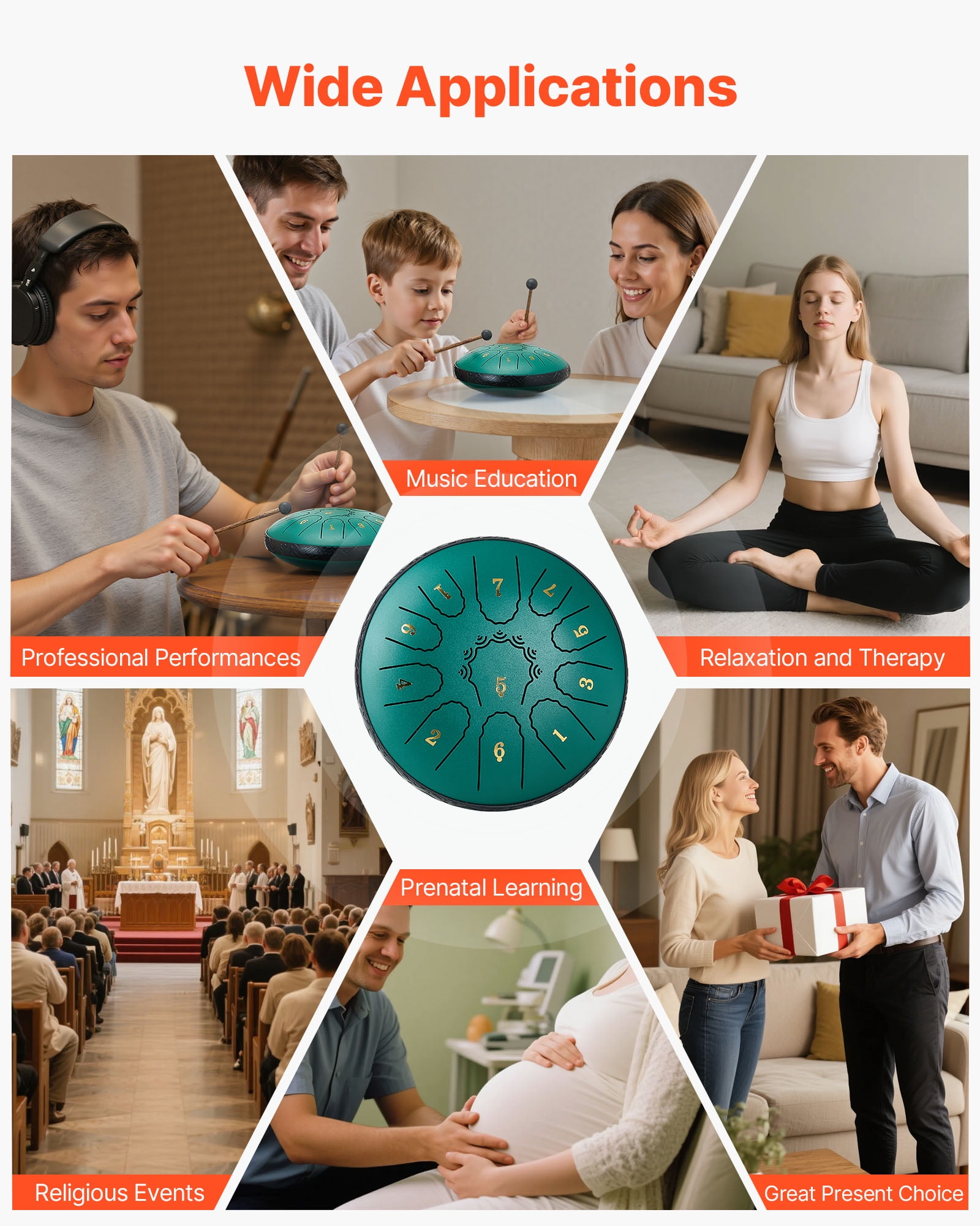 VEVOR Steel Tongue Drum, 11-Note Percussion Instrument for Meditation and Yoga (Green, 6 in) 7d9sf