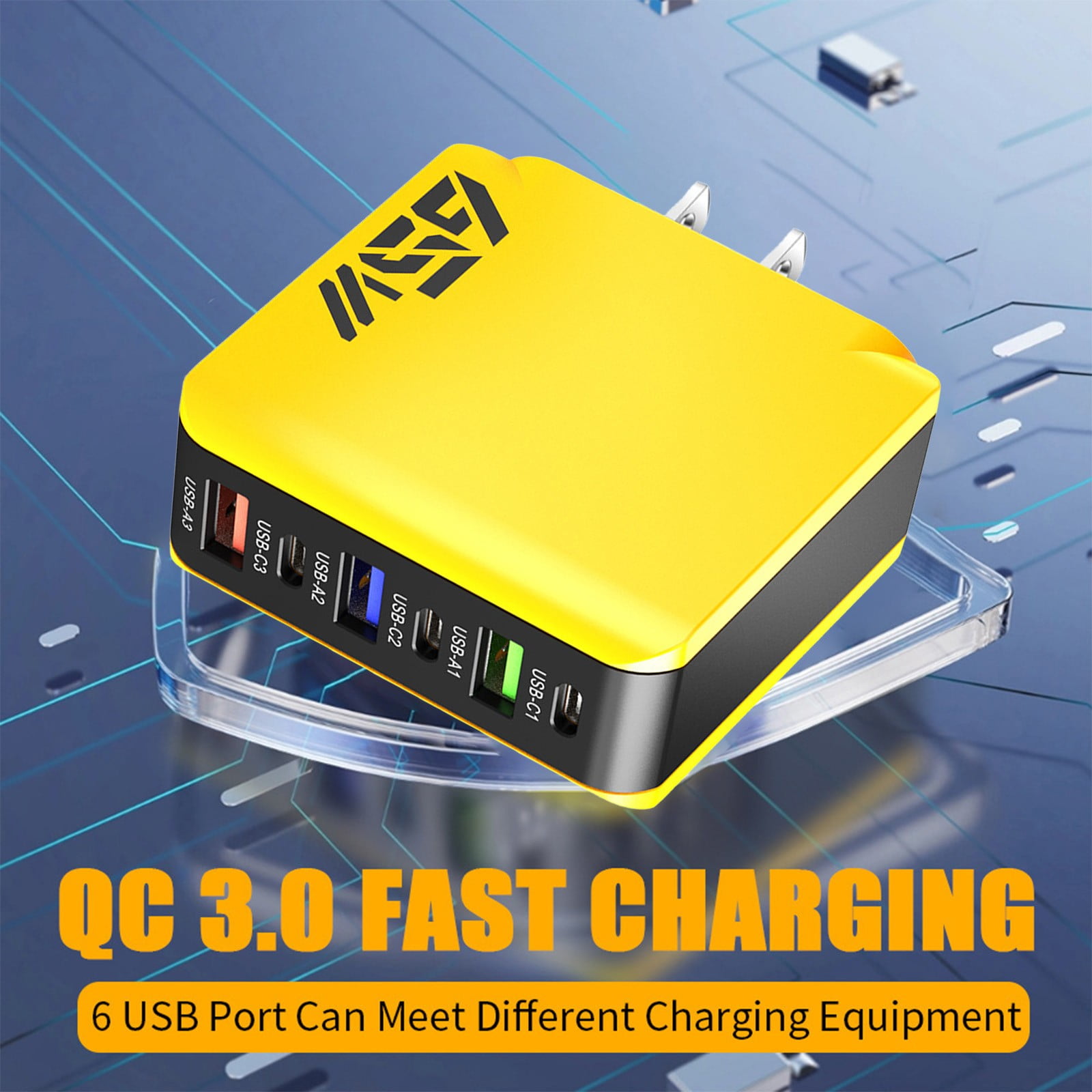 Konghyp 65W Multi Port Fast Charging Hub, 6-in-1 USB-C and USB-A Desktop Charger, Compact Travel Power Adapter (Yellow, 65W) jm8no