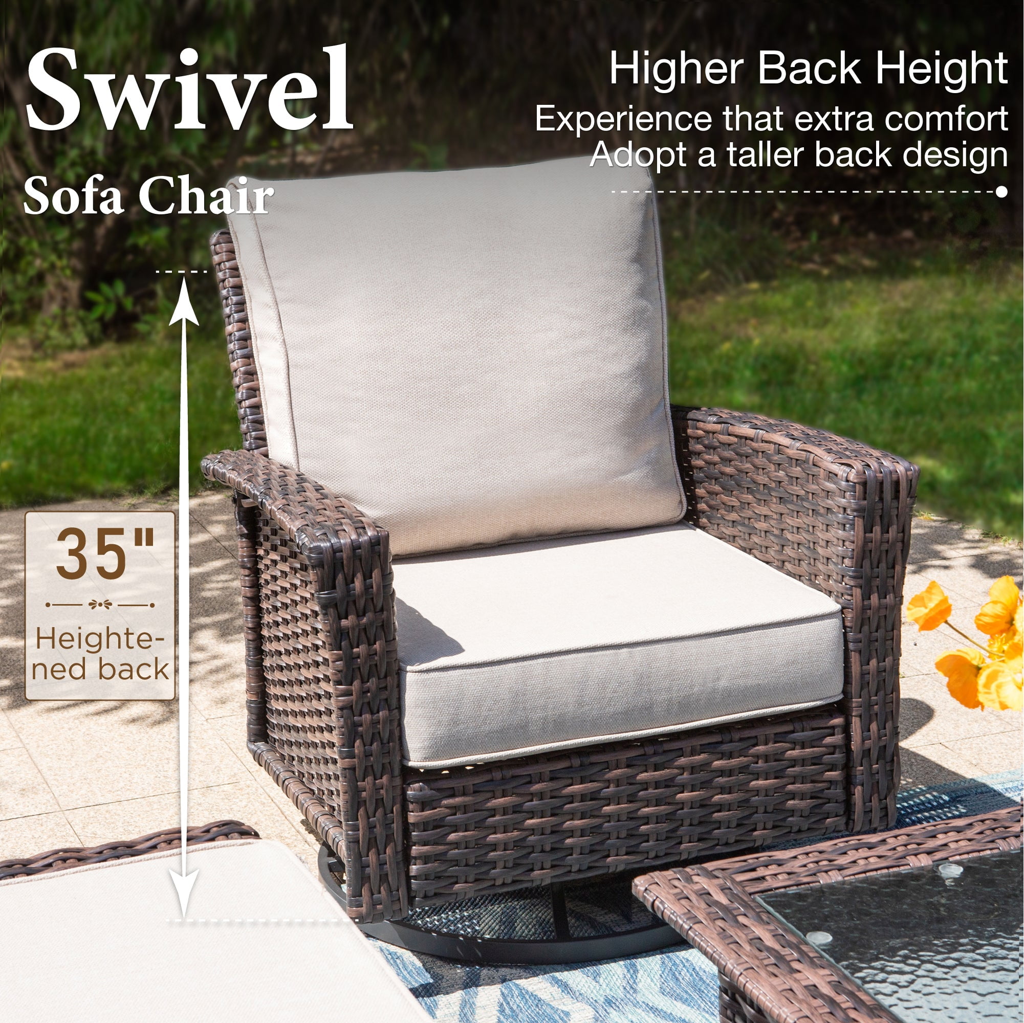 MF Studio 2-Piece Outdoor Swivel Patio Club Chairs with Cushions and High Backrests (Beige, 35 in) jvzjw
