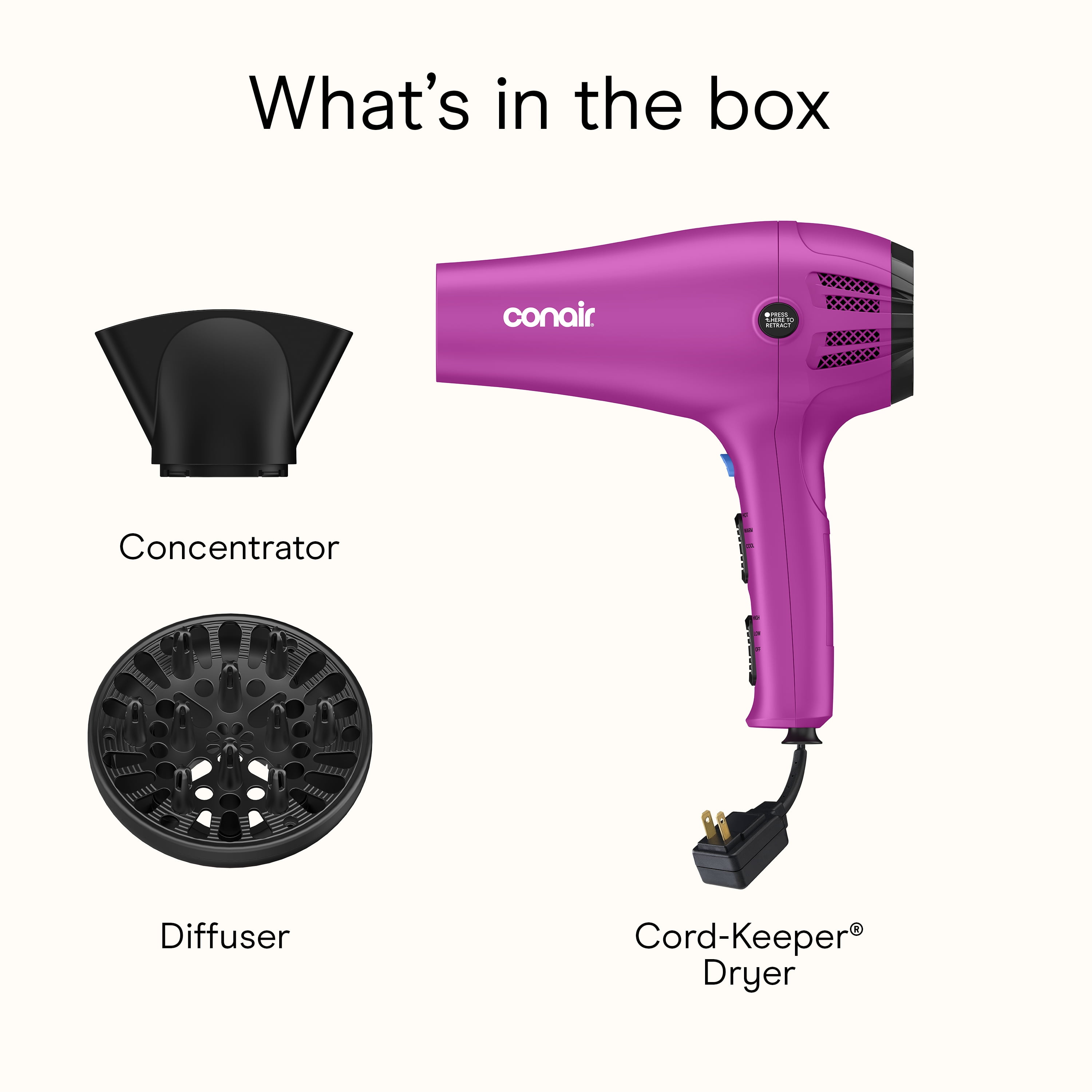 Conair Ionic Ceramic Cord-Keeper Hair Dryer with Retractable Cord, Diffuser and Concentrator (Pink, 1 Unit) 0gz0s
