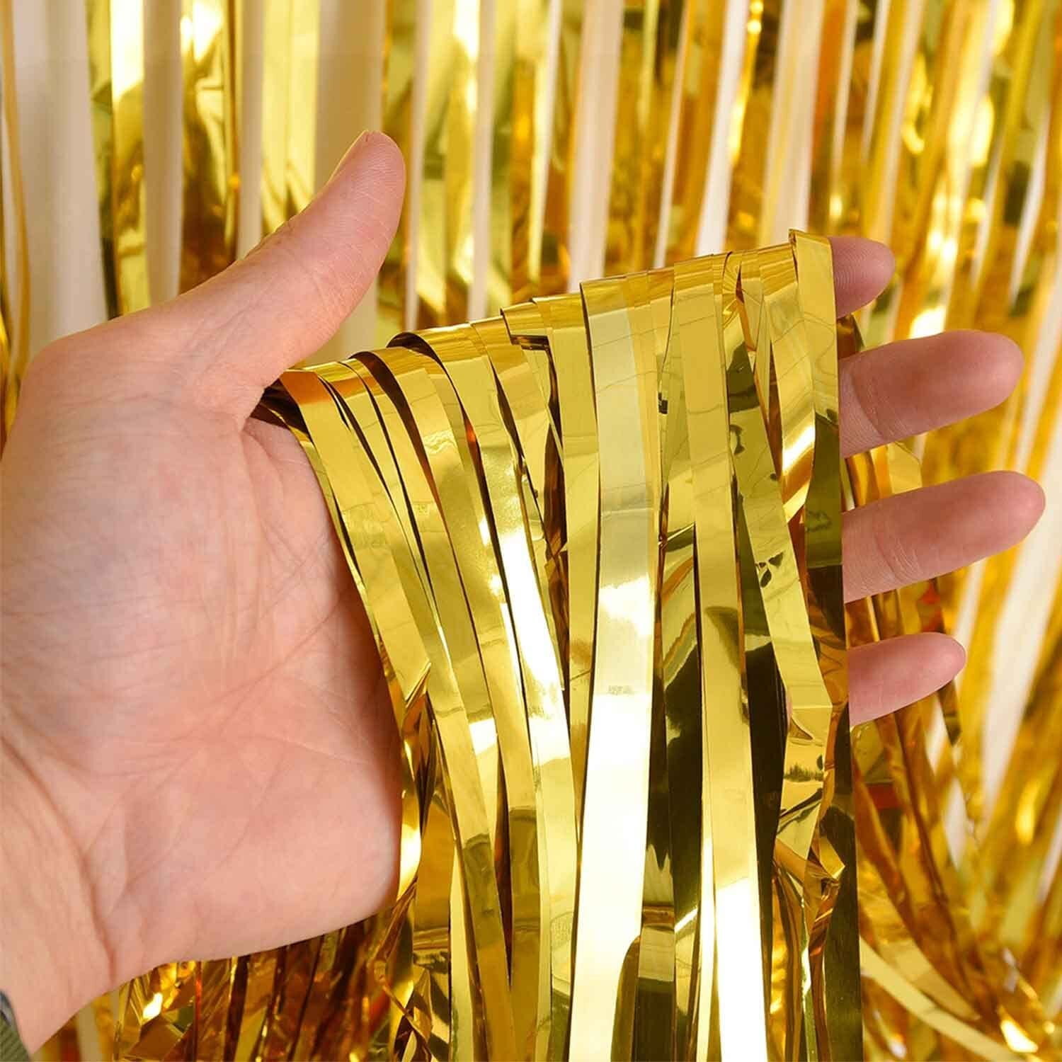 WATTNE Metallic Foil Fringe Curtains, Shiny Tinsel Photo Booth Backdrop for Party Decorations (Gold, 3 Pack, 3.3 ft x 6.6 ft) 43oyq