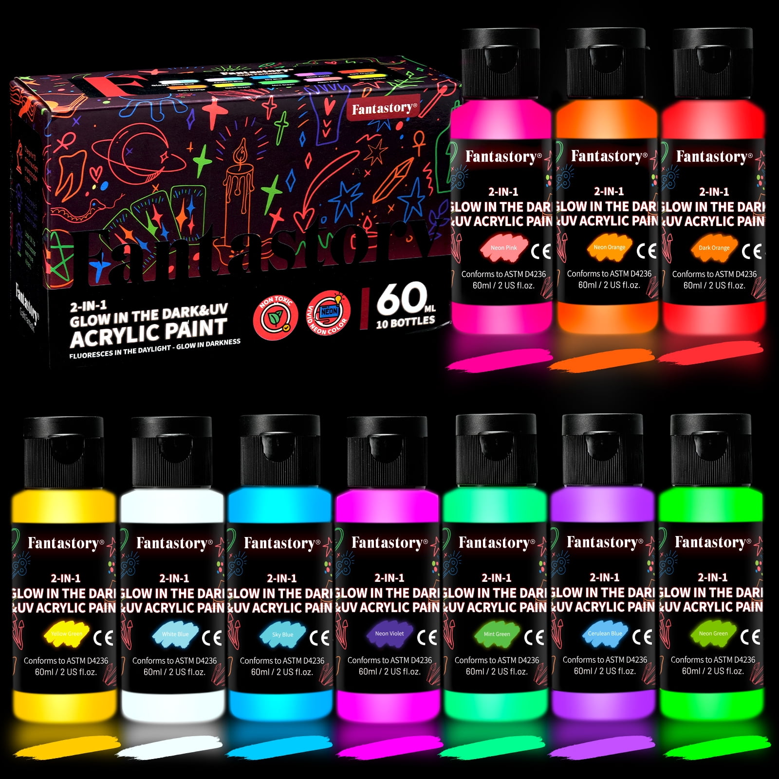 Fantastory Glow in The Dark Acrylic Paint Set, Fluorescent Neon Colors for Arts and Crafts (10 Pack, 2 fl oz) sehv9
