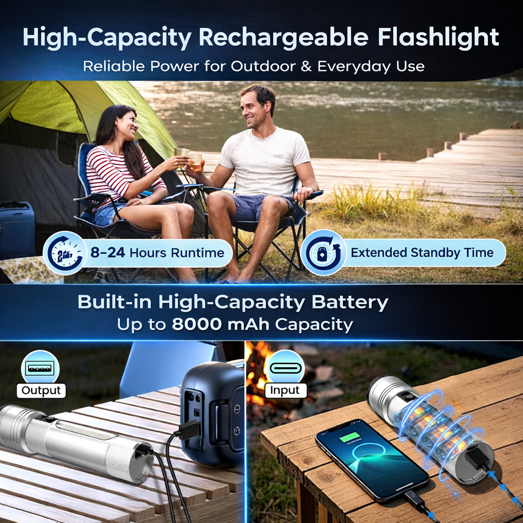 TEENHAO Rechargeable LED Flashlight, High Lumen Zoomable Tactical Light, Waterproof with 9 Modes (Silver, 1 Pack) 7kbec