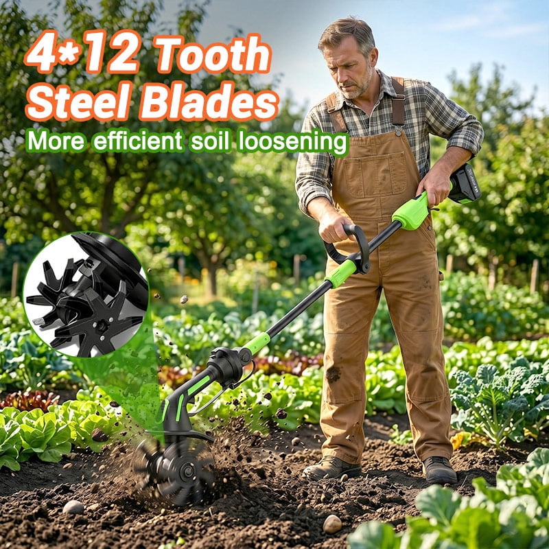 iToolMax 24V Cordless Electric Tiller Cultivator, Lightweight Garden Soil Tiller with Extension Rod, 2 Batteries & Charger (4 in Width, 51 in Length) pt2v9