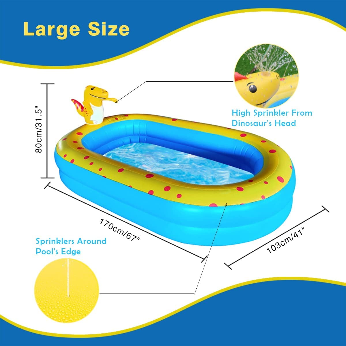 Swfoer Inflatable Dinosaur Pool for Kids, Outdoor Splash Pad with Sprinkler (Blue, 67 in x 41 in x 32 in) 4bl5d
