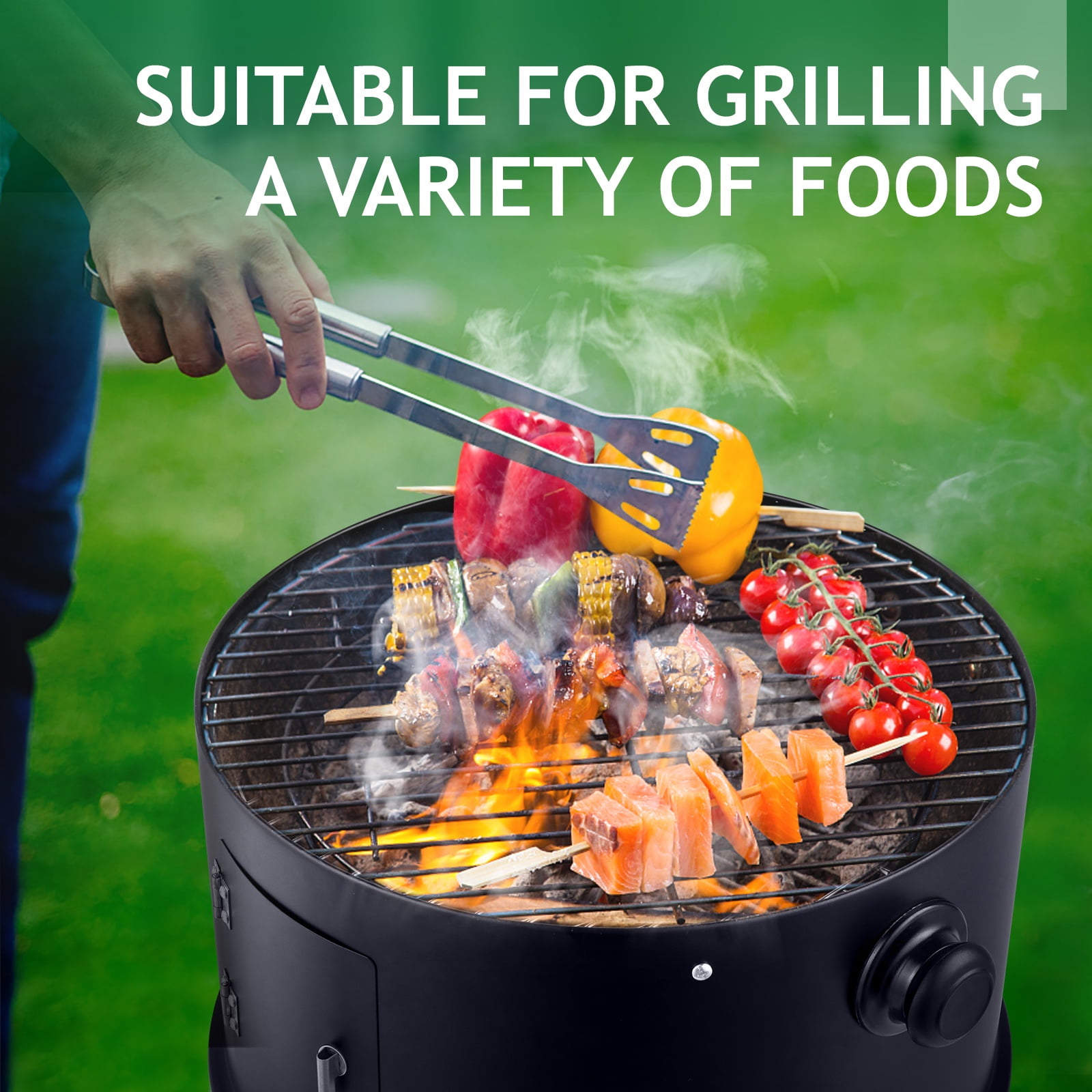 Seizeen 16 in 3-in-1 Charcoal Smoker and Grill, Portable Outdoor BBQ Fire Pit with Double-layer Design (Black, 16 in) ad42i