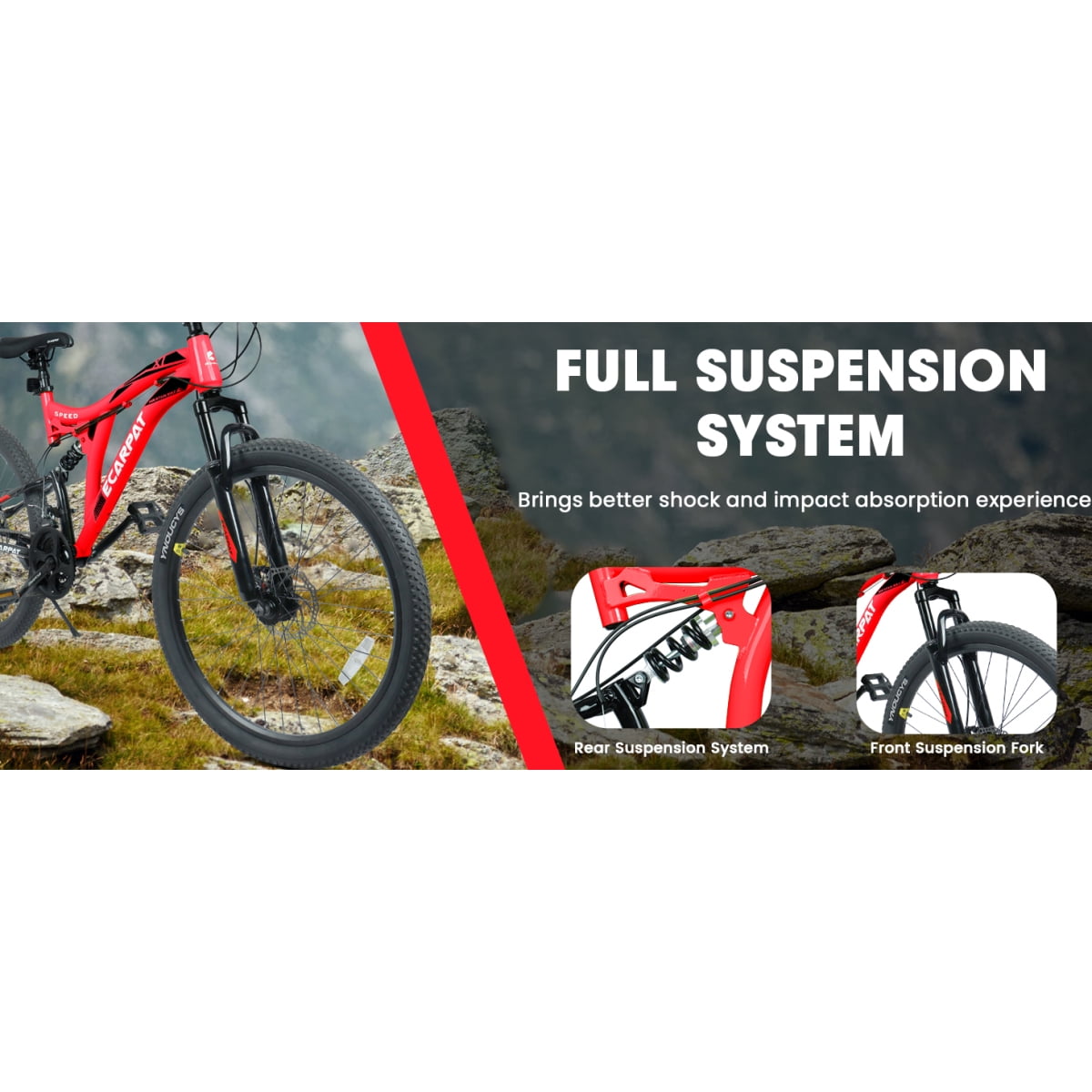 Dcmisas 26-Inch Mountain Bike, 21-Speed Full Suspension Steel Frame with Dual Disc Brakes (Red, 26 in) bi3ug