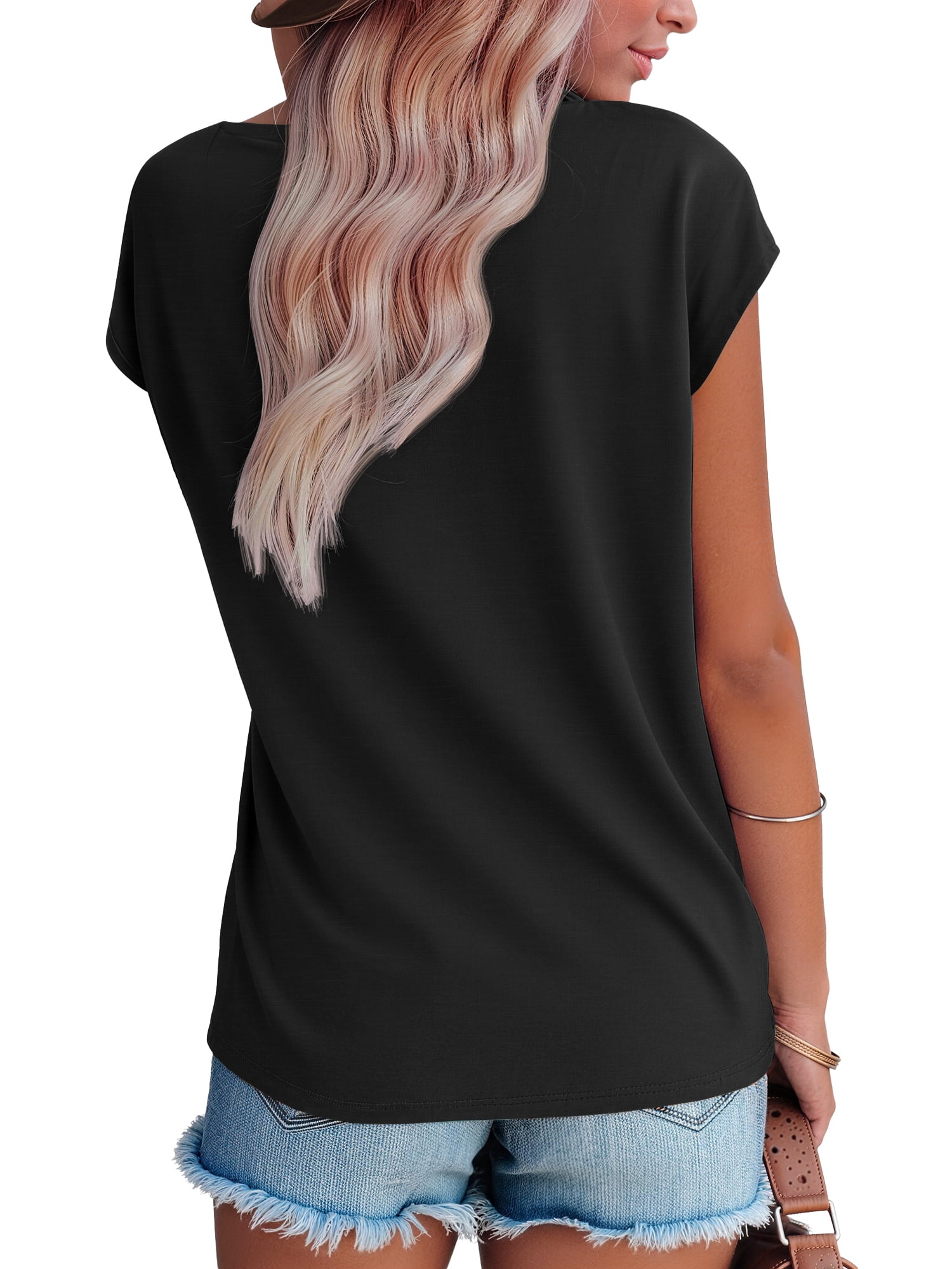 Fantaslook Womens Lace Blouse V Neck Cap Sleeve Casual Summer Top (Black, L) w2qfk
