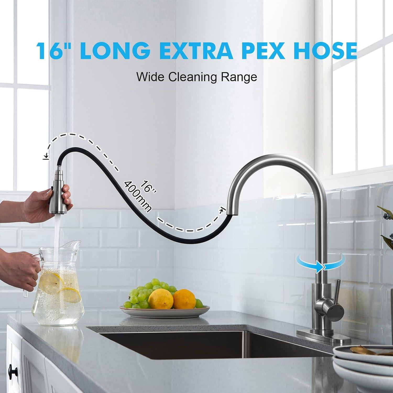 Tmdioo Kitchen Faucet with Pull Down Sprayer, High Arc Stainless Steel Single Handle Sink Faucet (Brushed Nickel, 18 in Hose) eg5qt