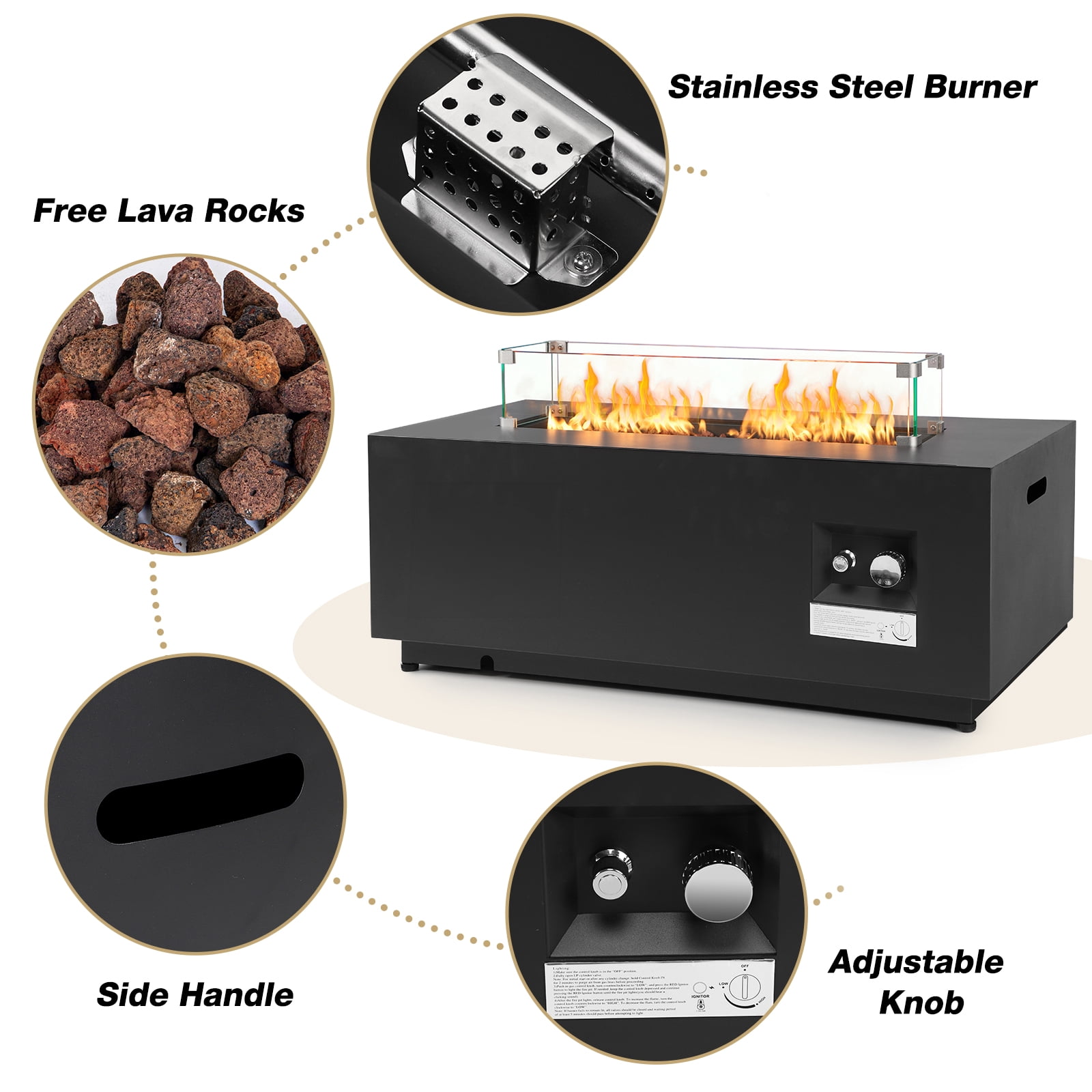 ReeQuo 42 in Rectangle Propane Fire Pit Table with Lid, Wind Guard, and Tank Hideaway (Black, 42 in) kio97