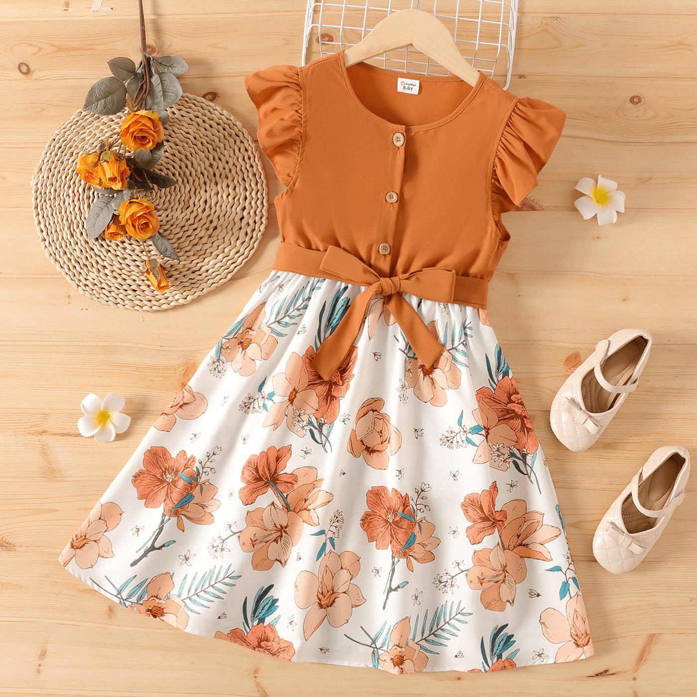PatPat Girl Floral Ruffled Flutter Sleeve Dress with Belt (Brown, 4-12) mw6c3
