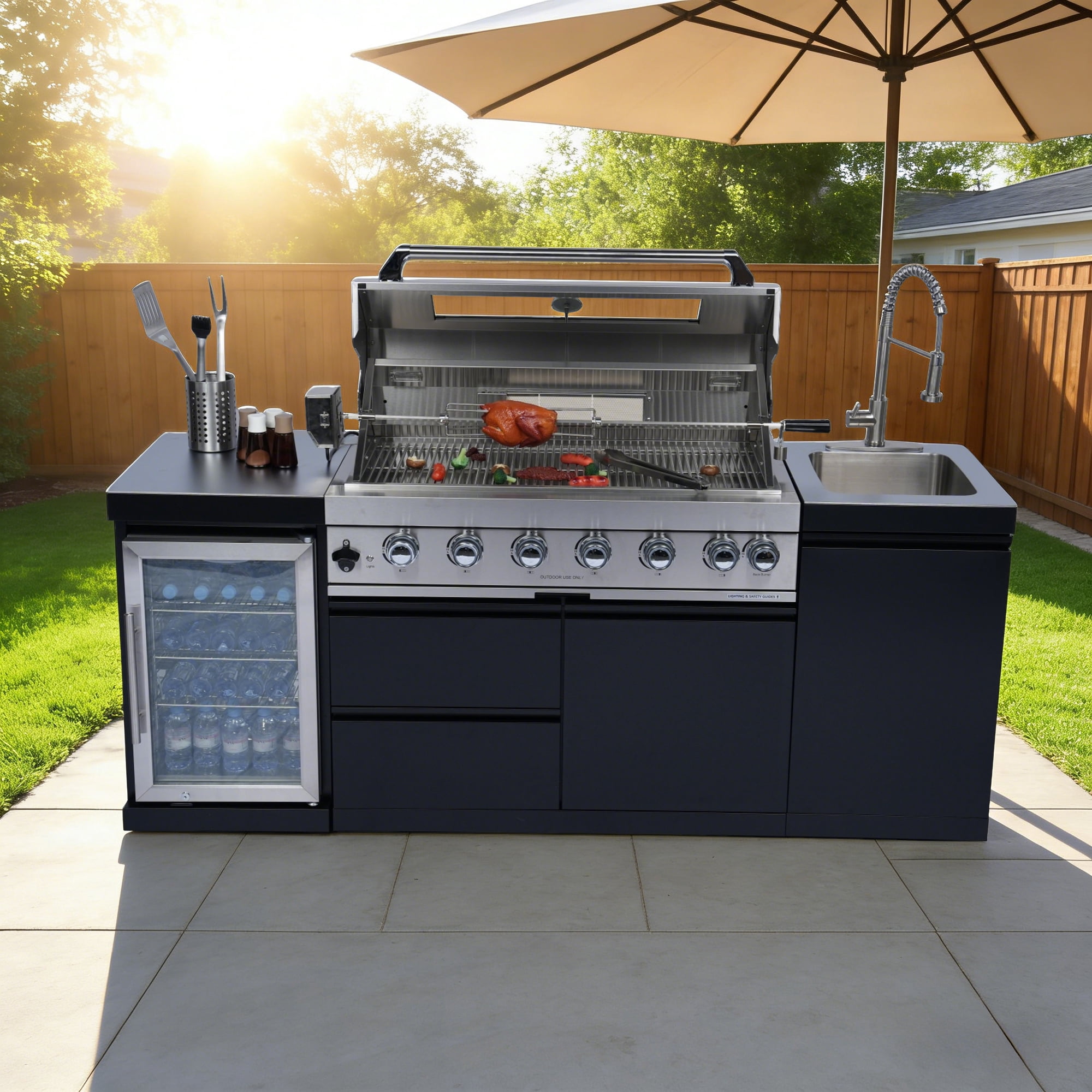 Navratil 82-Inch 6-Burner Gas Outdoor Kitchen Island Grill with Wine Cooler, Rotisserie, and Storage (Black, 82 in) 3u91l