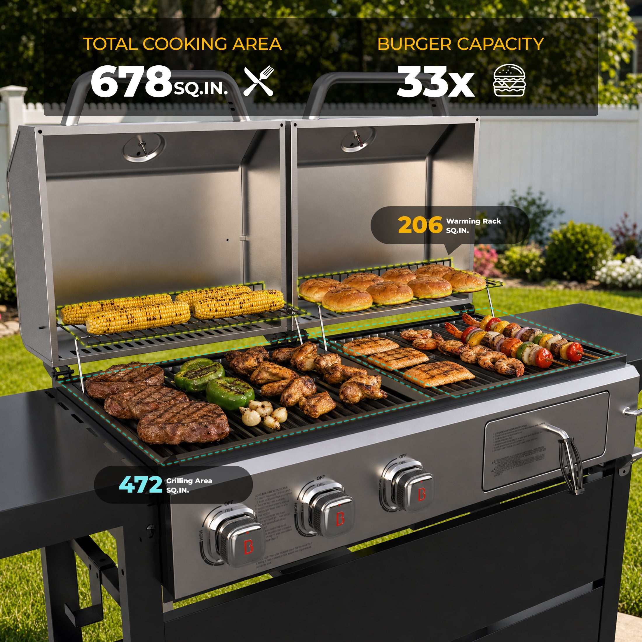 Flintex Dual Fuel Propane Gas and Charcoal BBQ Grill with Stainless Steel Lids (Silver, 678 sq in) pbr8n
