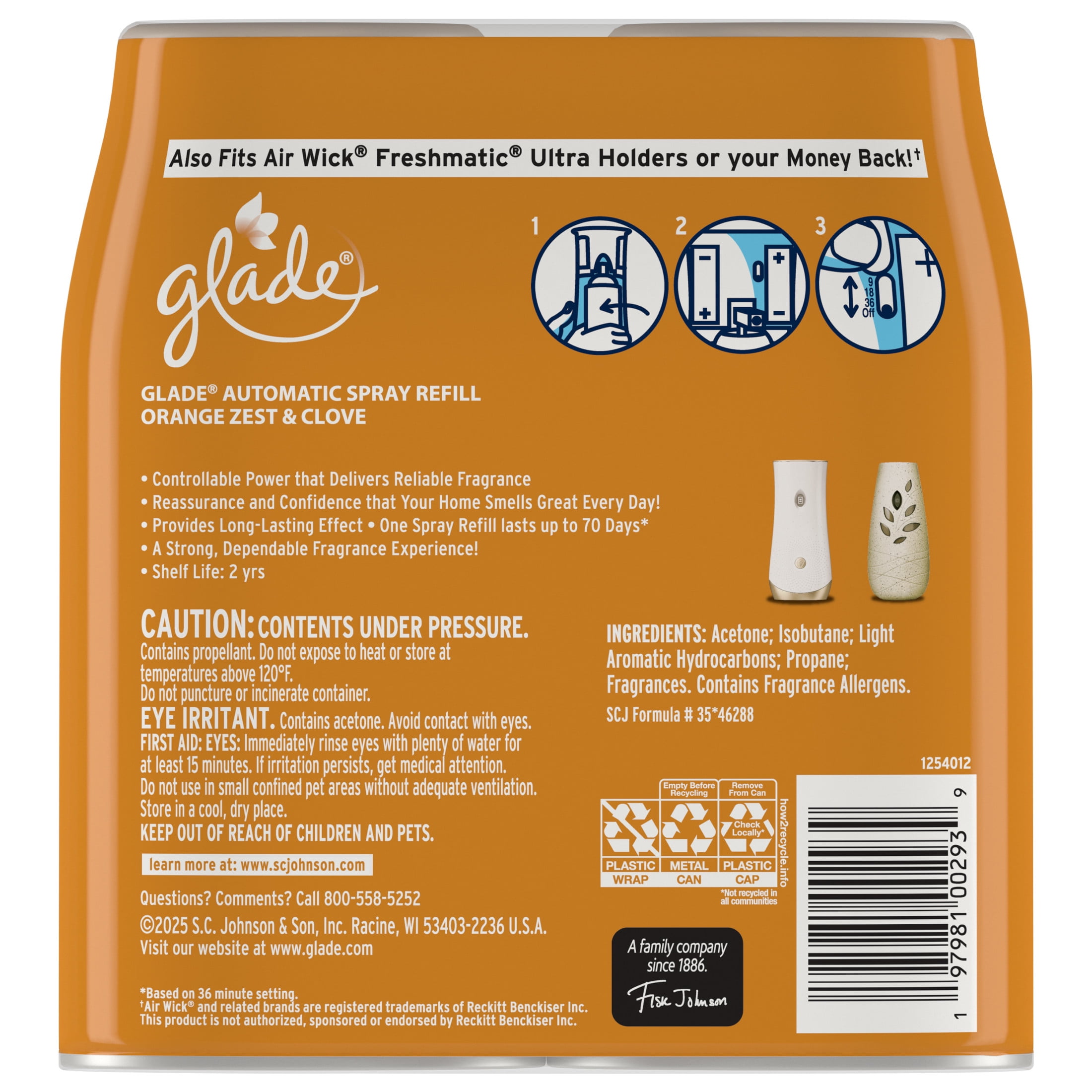 Glade Automatic Spray Air Freshener Refill, Orange Zest & Clove Scent, Long-Lasting Fragrance (Orange, 12.4 oz, 2 Pack) gmezr
