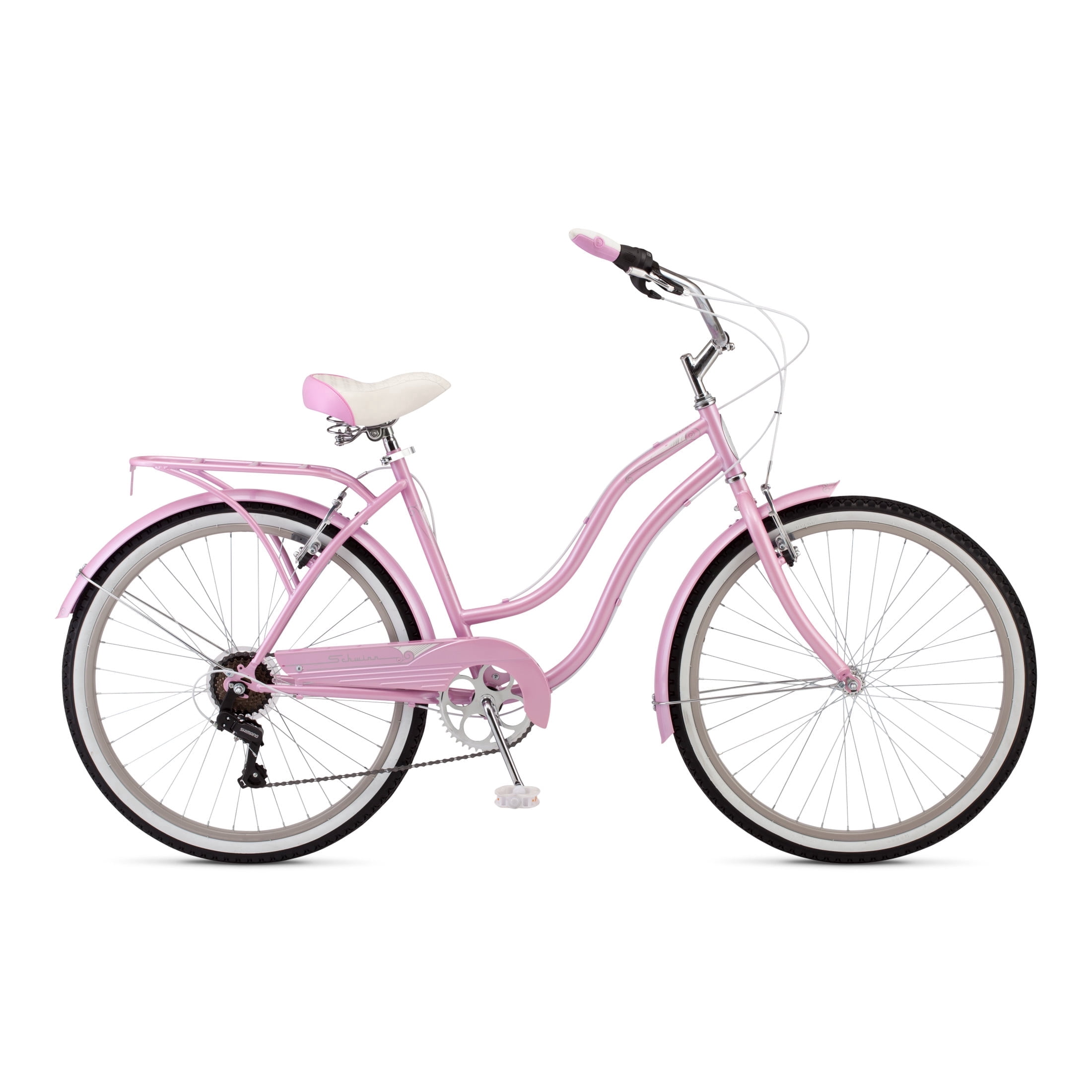 Schwinn Perla Cruiser Bike, 7-Speed Step-Thru Frame, Comfortable Upright Riding Position (Pink, 26 in) fo6l2