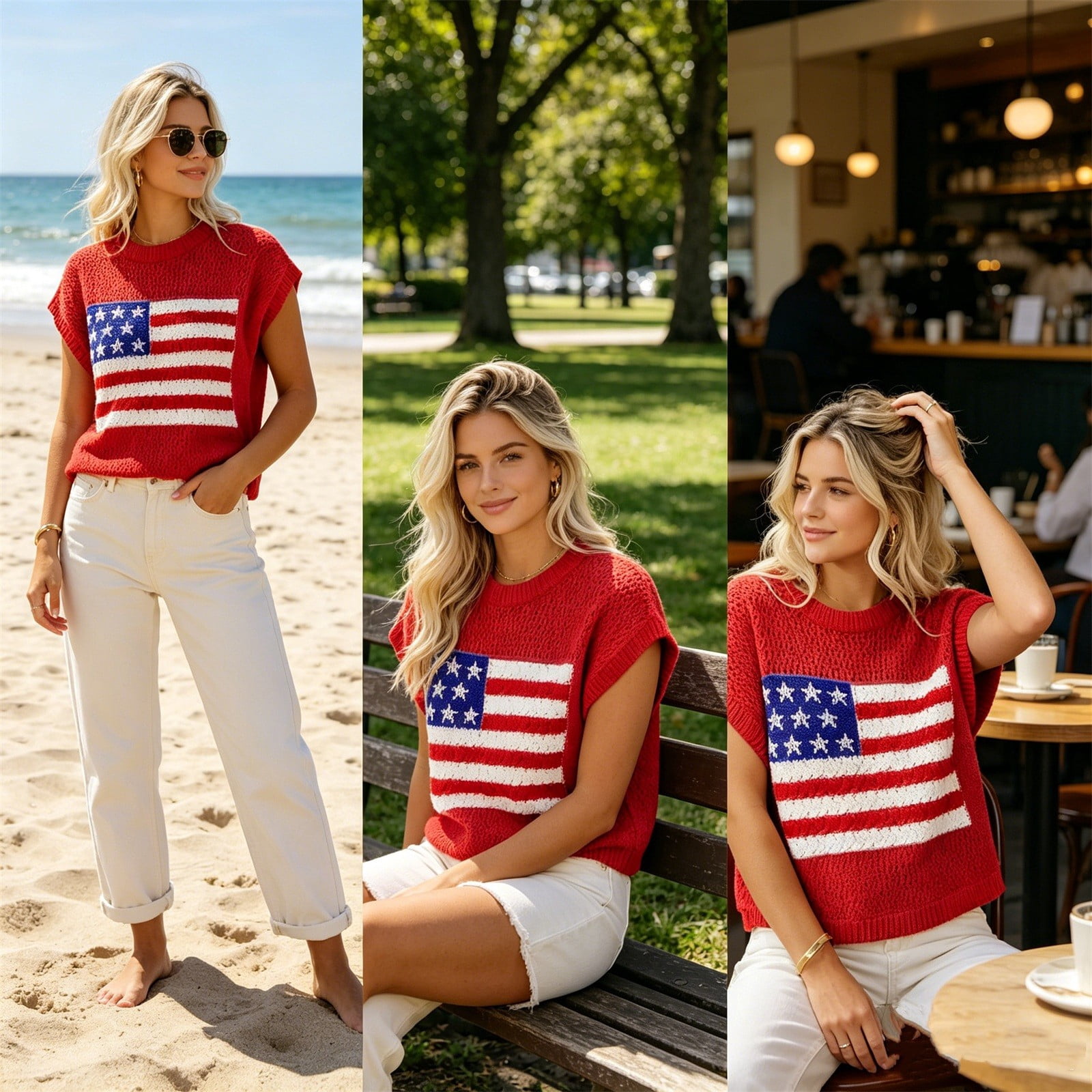 Favoffer Womens American Flag Crochet Sweater (Red, M) 41hkz