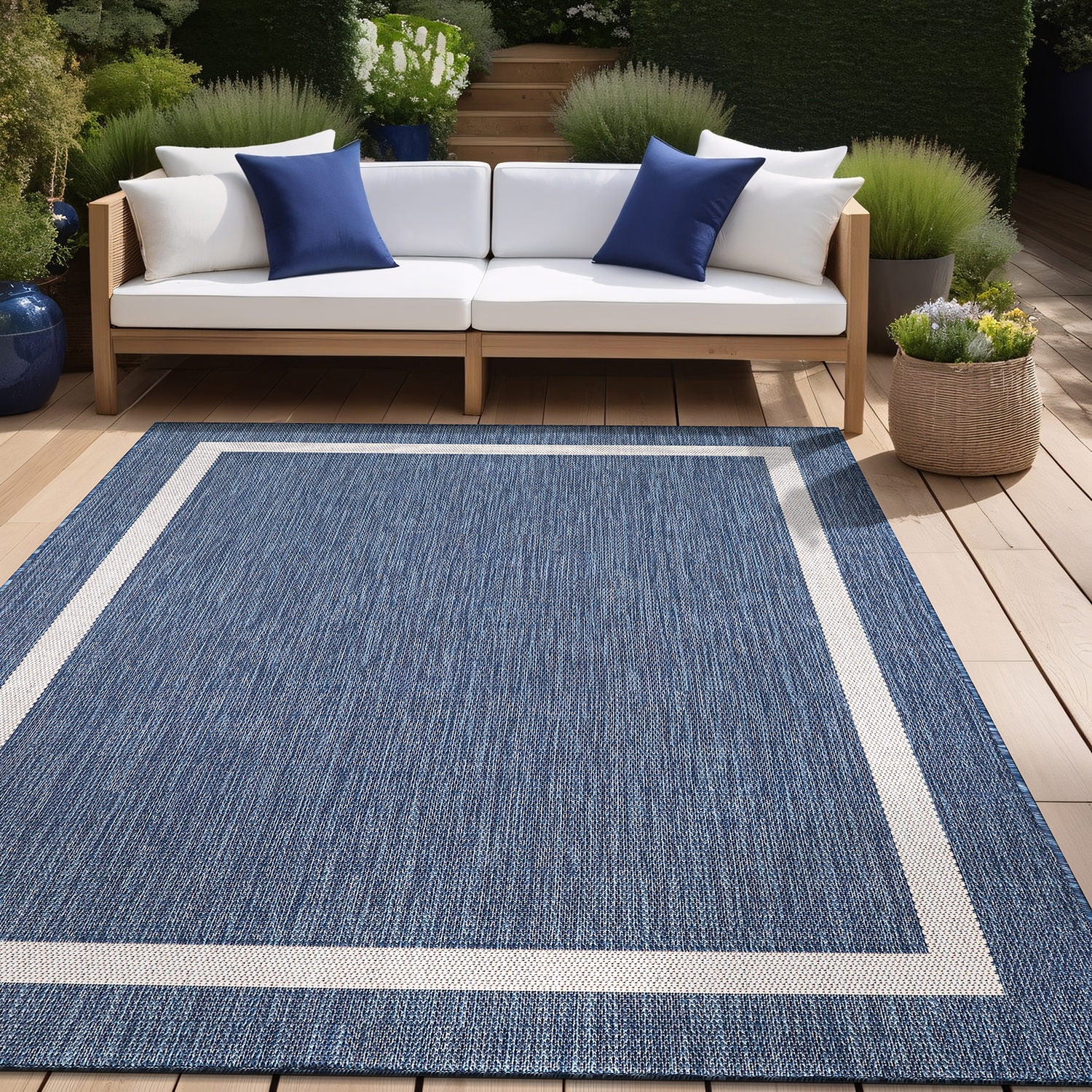 Beverly Rug Indoor/Outdoor Area Rug, Bordered Patio Porch Garden Carpet (Blue and White, 8 ft x 10 ft) 9ji9h
