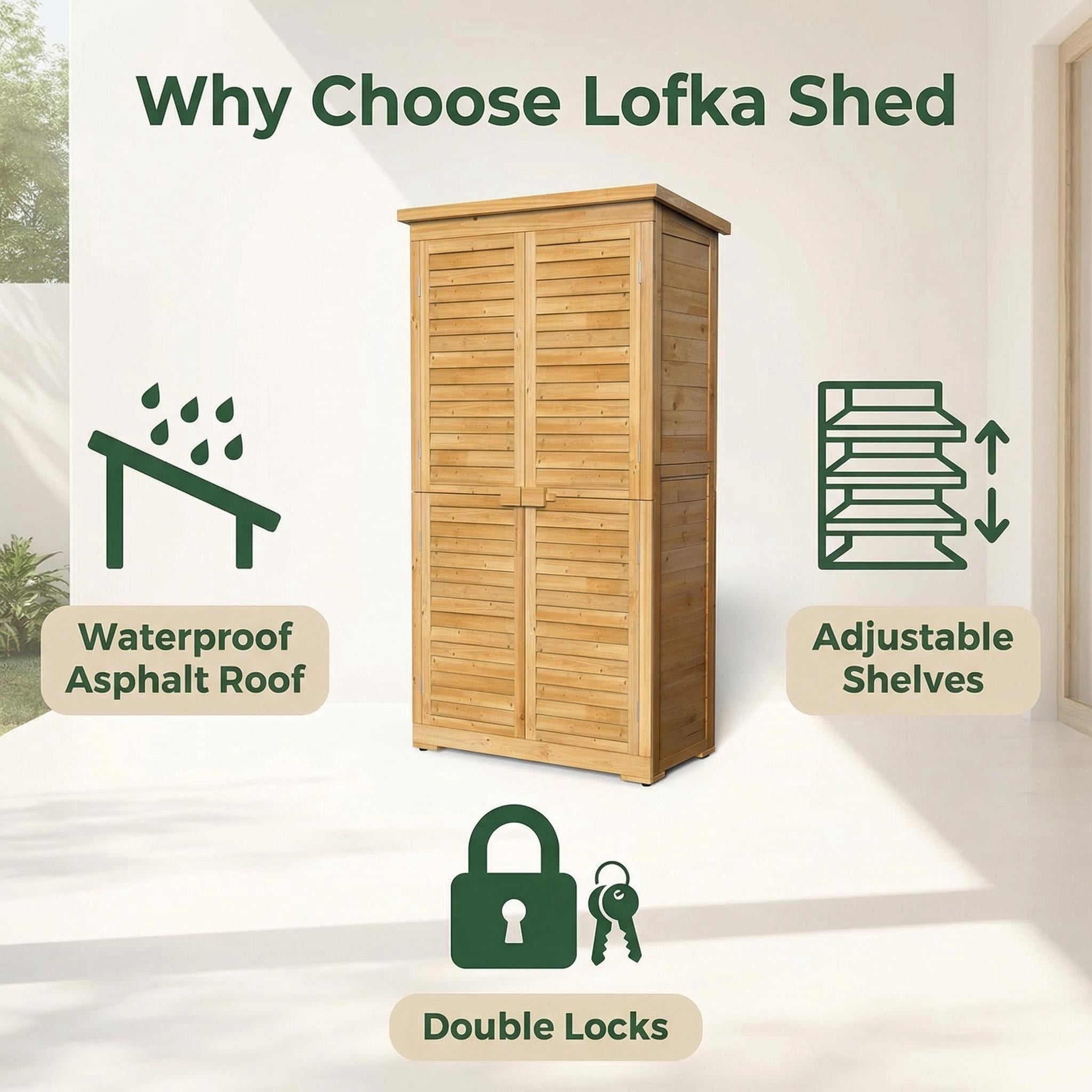 Lofka Outdoor Storage Cabinet, Weatherproof Garden Shed with Lockable Doors and Adjustable Shelves (Natural, 63.2 in) 71pwo