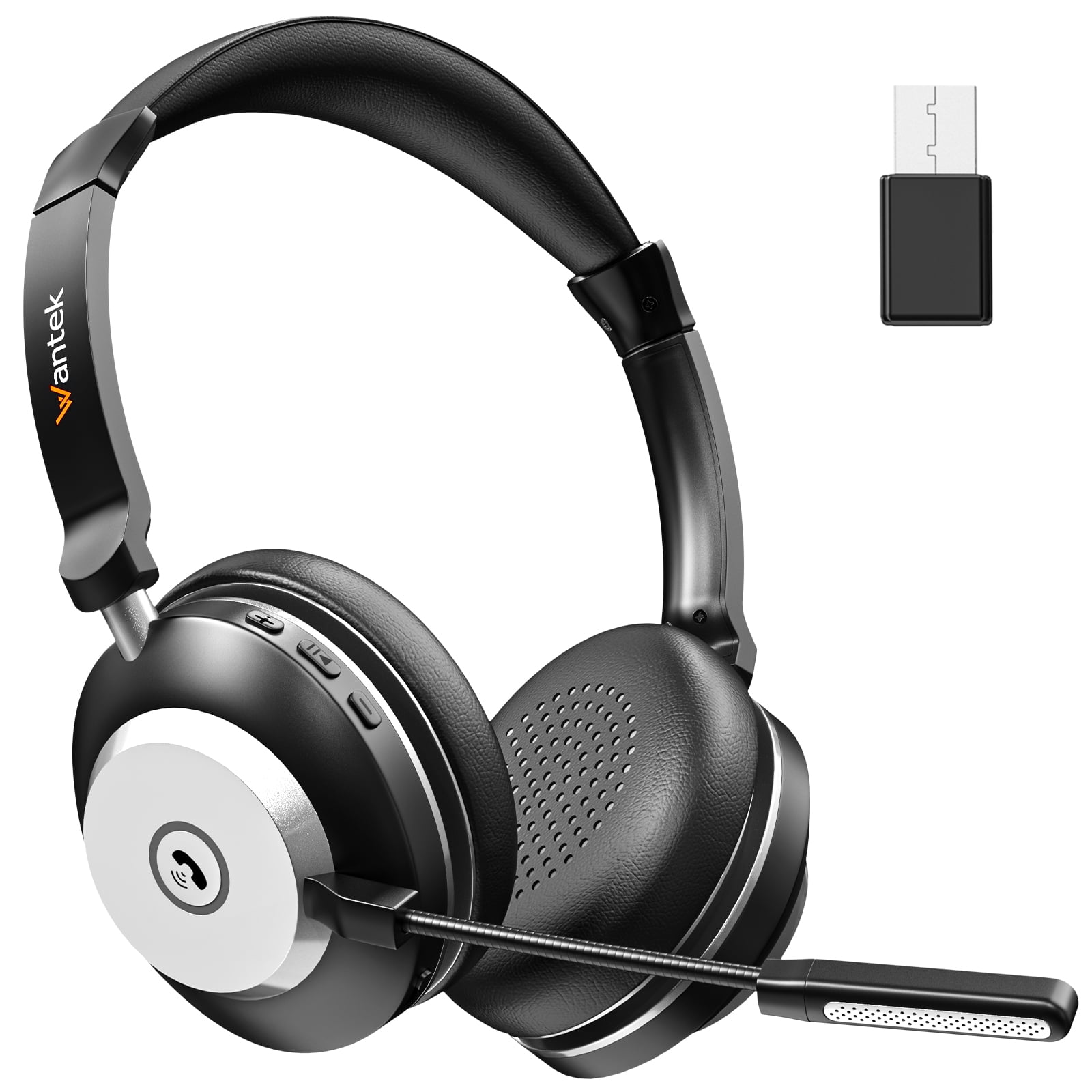 Wantek Bluetooth Headset with AI Noise Canceling Microphone, Wireless On-Ear Headphones for Office and Trucker (Black, 49 ft Range) 81s16