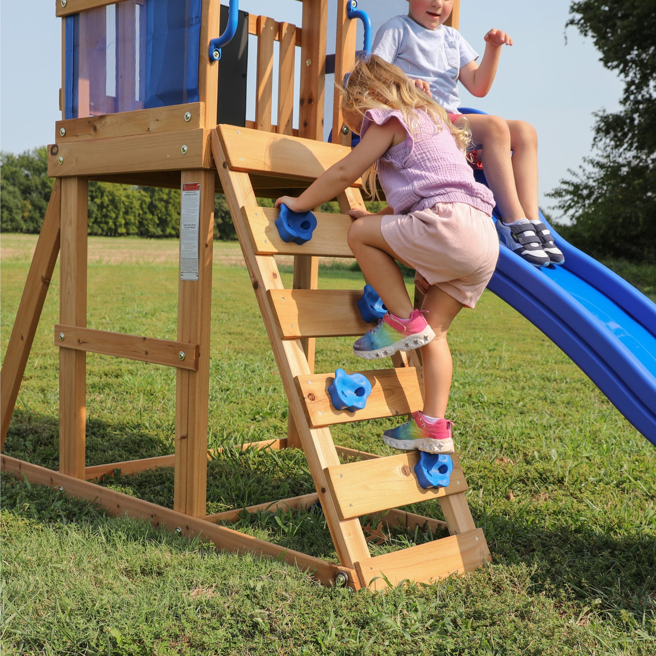 Backyard Discovery Bay Pointe Cedar Wood Swing Set with Slide, Play Deck, and Rock Wall Ladder (Brown) p7hi1
