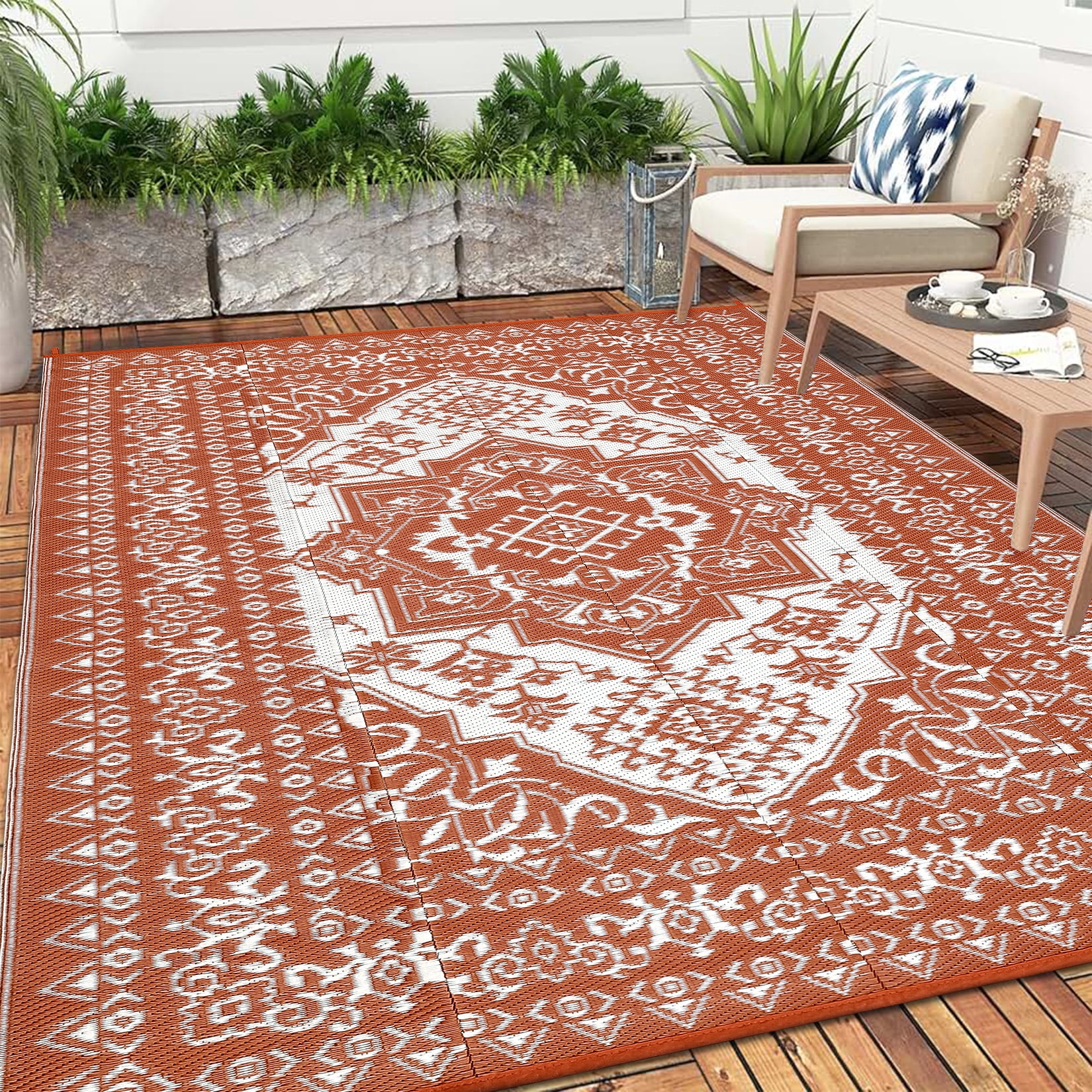 GlowSol Outdoor Area Rug, Waterproof Reversible Patio Carpet for Picnic and Deck (Brick Red/White, 8 ft x 10 ft) gx3b1