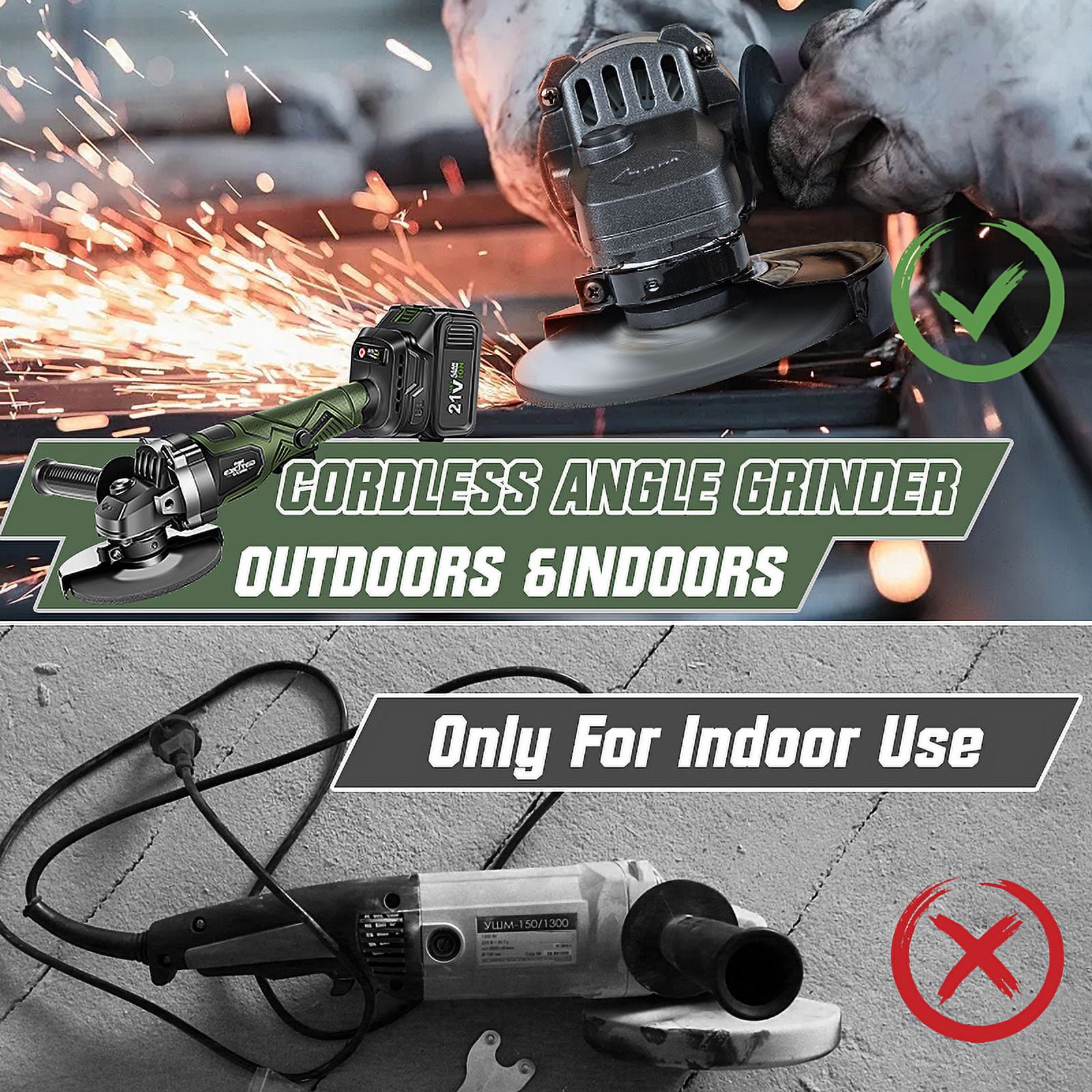 EXCITED WORK 21V Cordless Angle Grinder, Brushless Electric Metal Cutting Tool with 2 Batteries and Fast Charger (Green, 4.5 in) ikliu