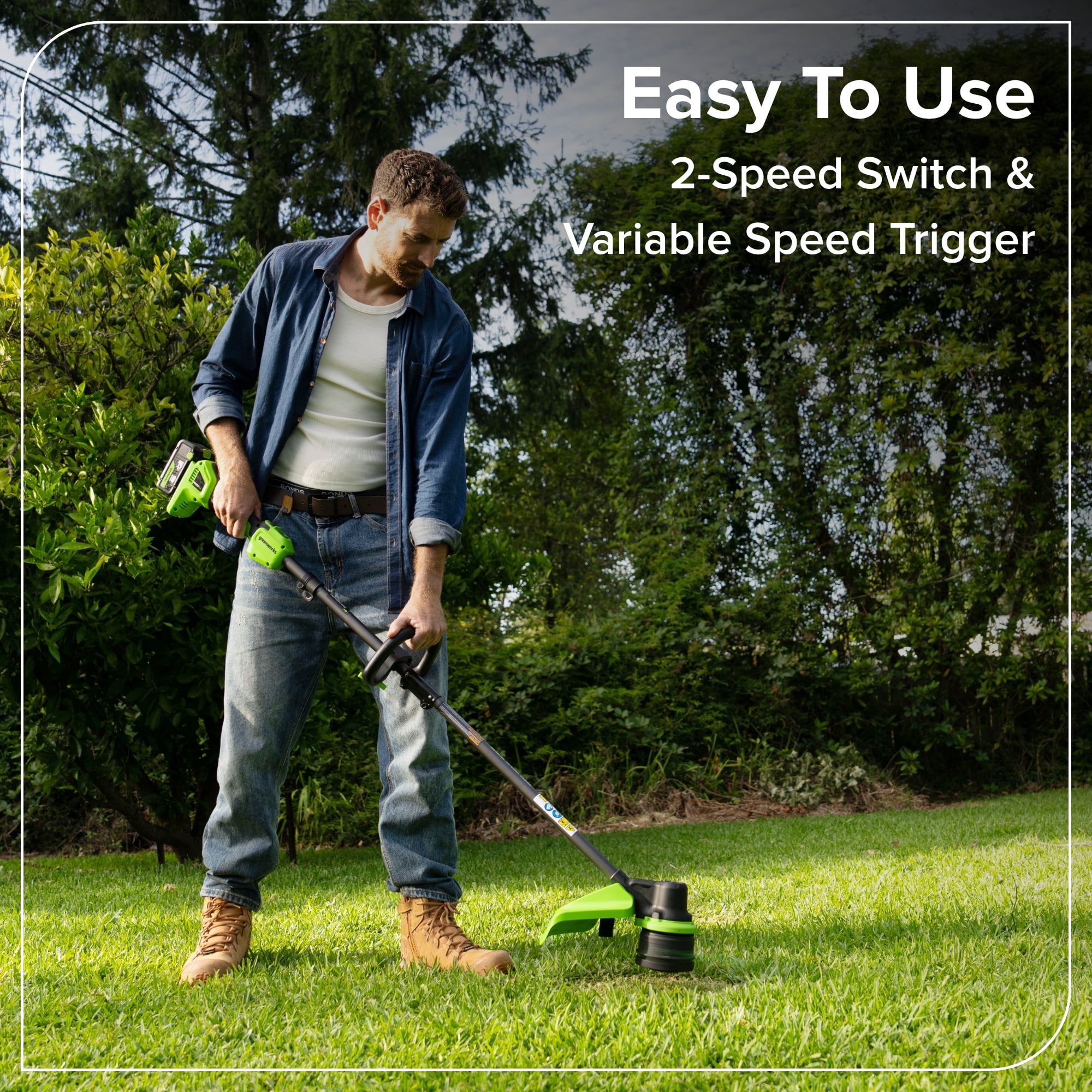 Greenworks 24V 15-in Brushless String Trimmer with 6.0Ah Battery and 65W USB-C Charger (Green, 15-in) h387y