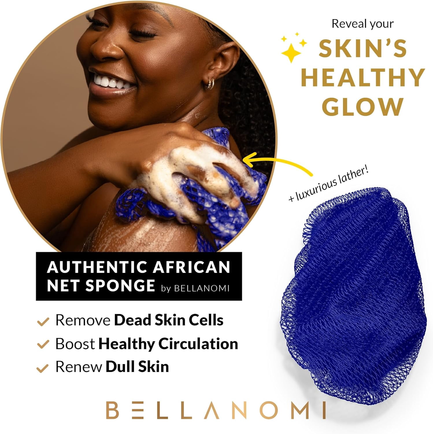 Bellanomi African Net Sponge, Authentic Sapo Exfoliating Back Scrubber for Deep Cleaning and Skin Renewal (Blue, 45 in) 7aaq9