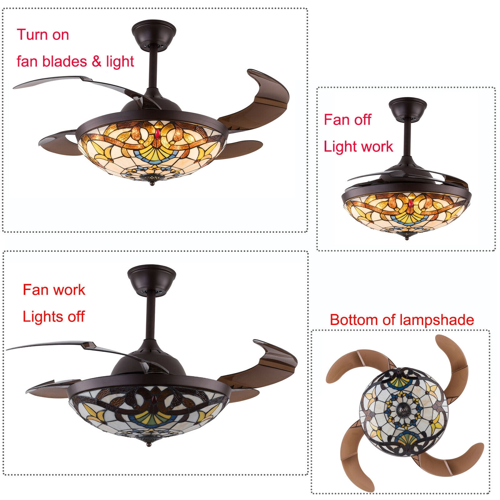 TFCFL 42 in Tiffany Ceiling Fan with LED Light and Retractable Blades (Multicolor, 42 in) or3w6