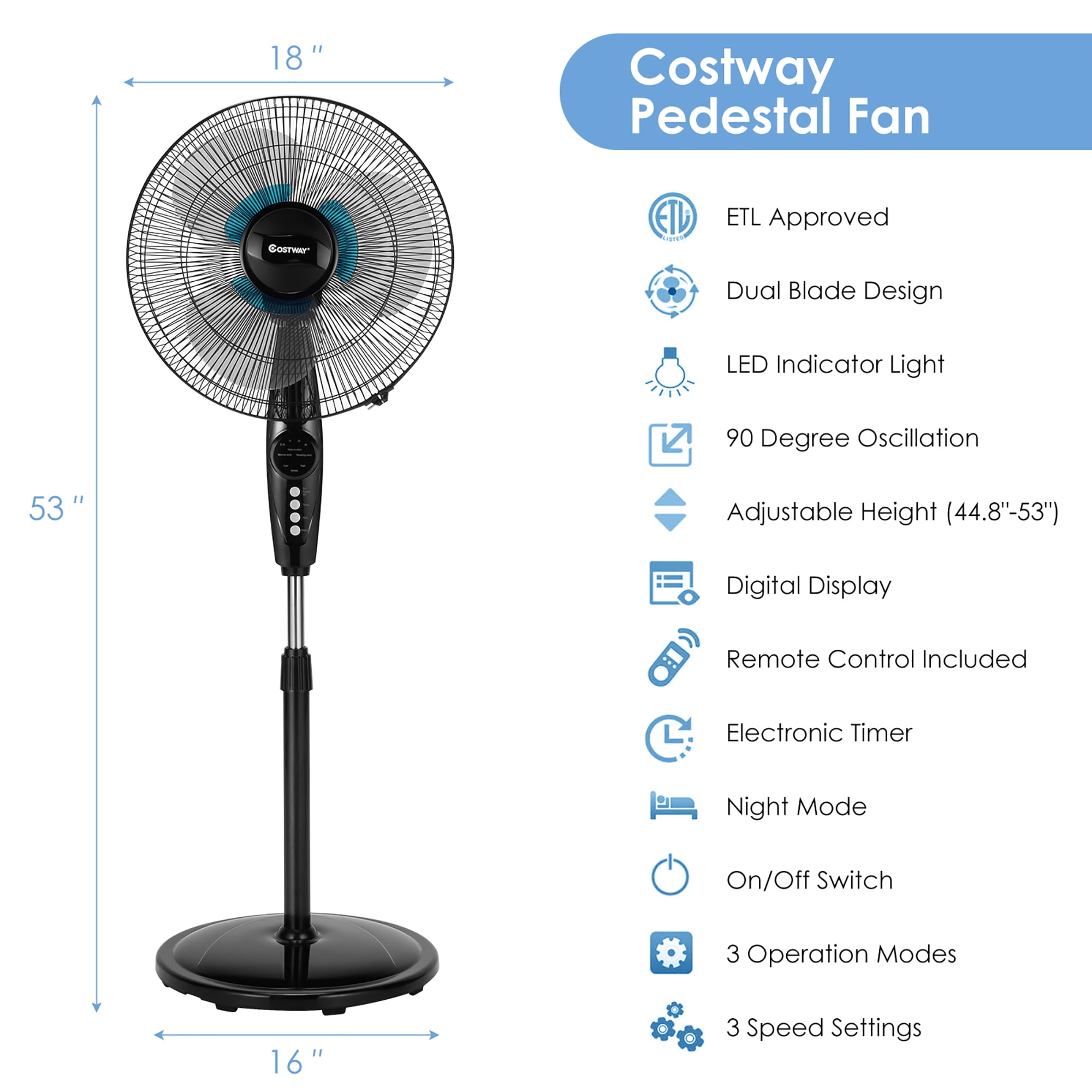 Costway 16 in Adjustable Oscillating Pedestal Fan with Dual Blades and Remote Control (Black, 16 in) gv60q
